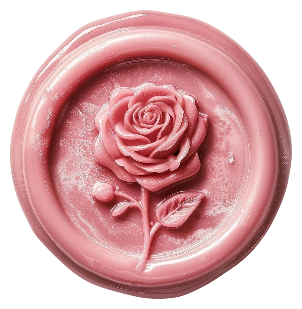 A pink soap bar with a carved rose design on the surface.