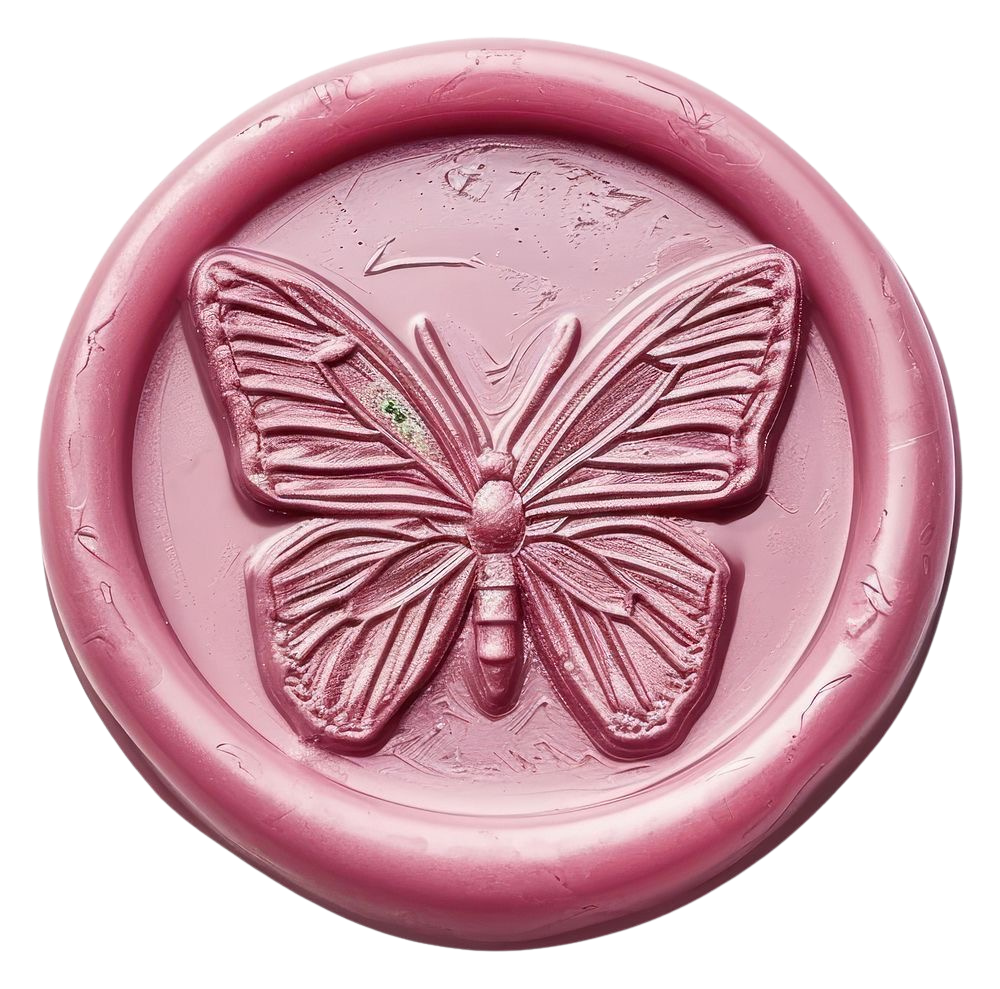 Pink soap bar with a butterfly design embossed on the top surface.