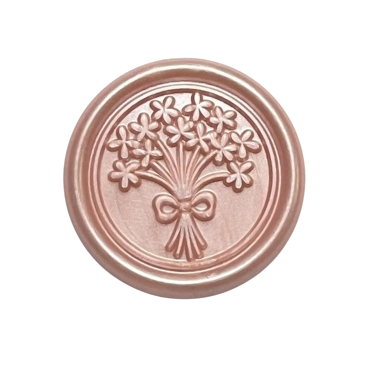Round pink wax seal with a raised design of a bouquet of flowers tied with a bow.