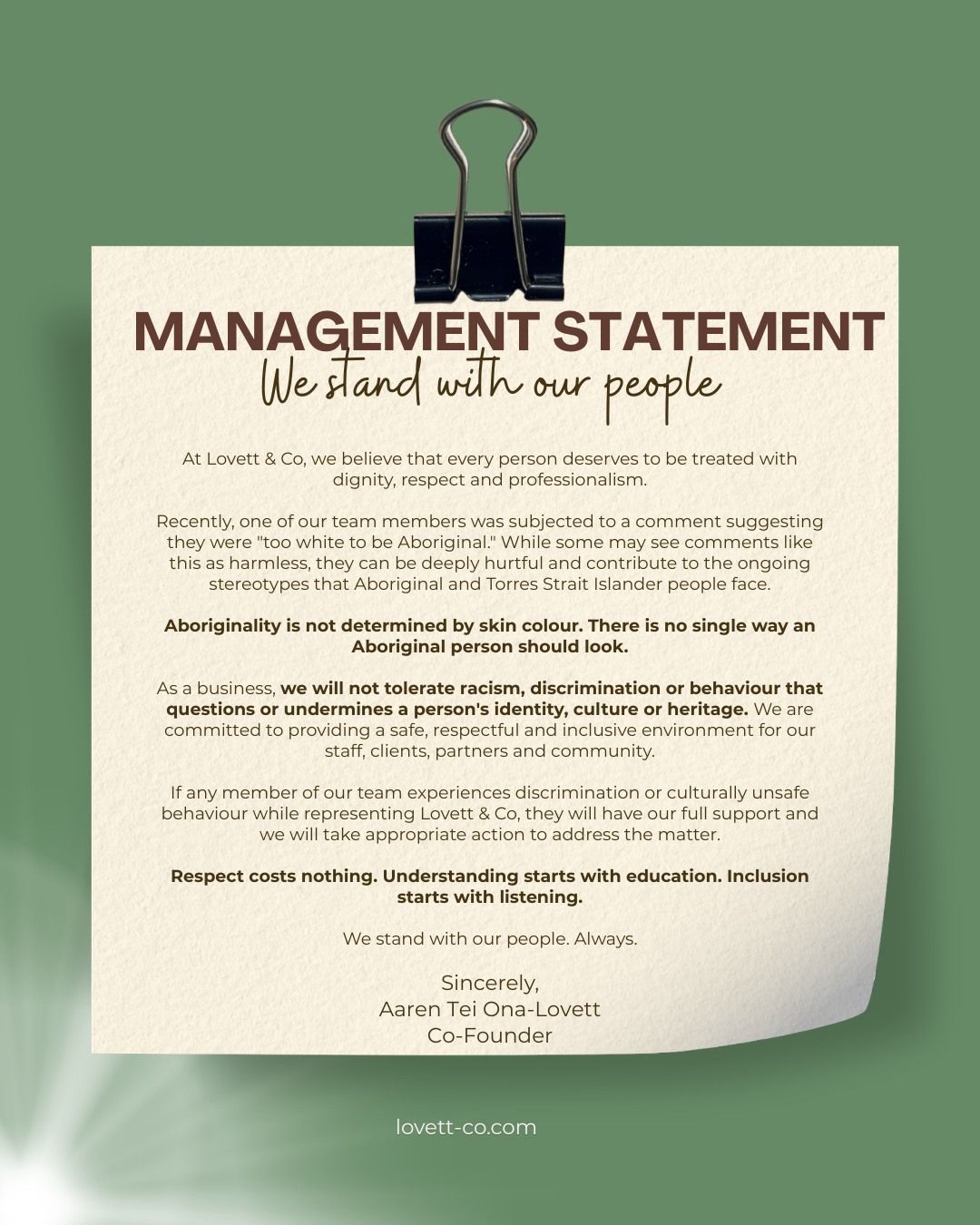 Statement from Co-Founder Aaren Tei Ona-Lovett