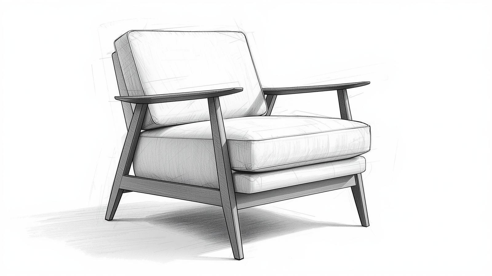 Sketch of an armchair with wooden frame and cushions on the seat and backrest.