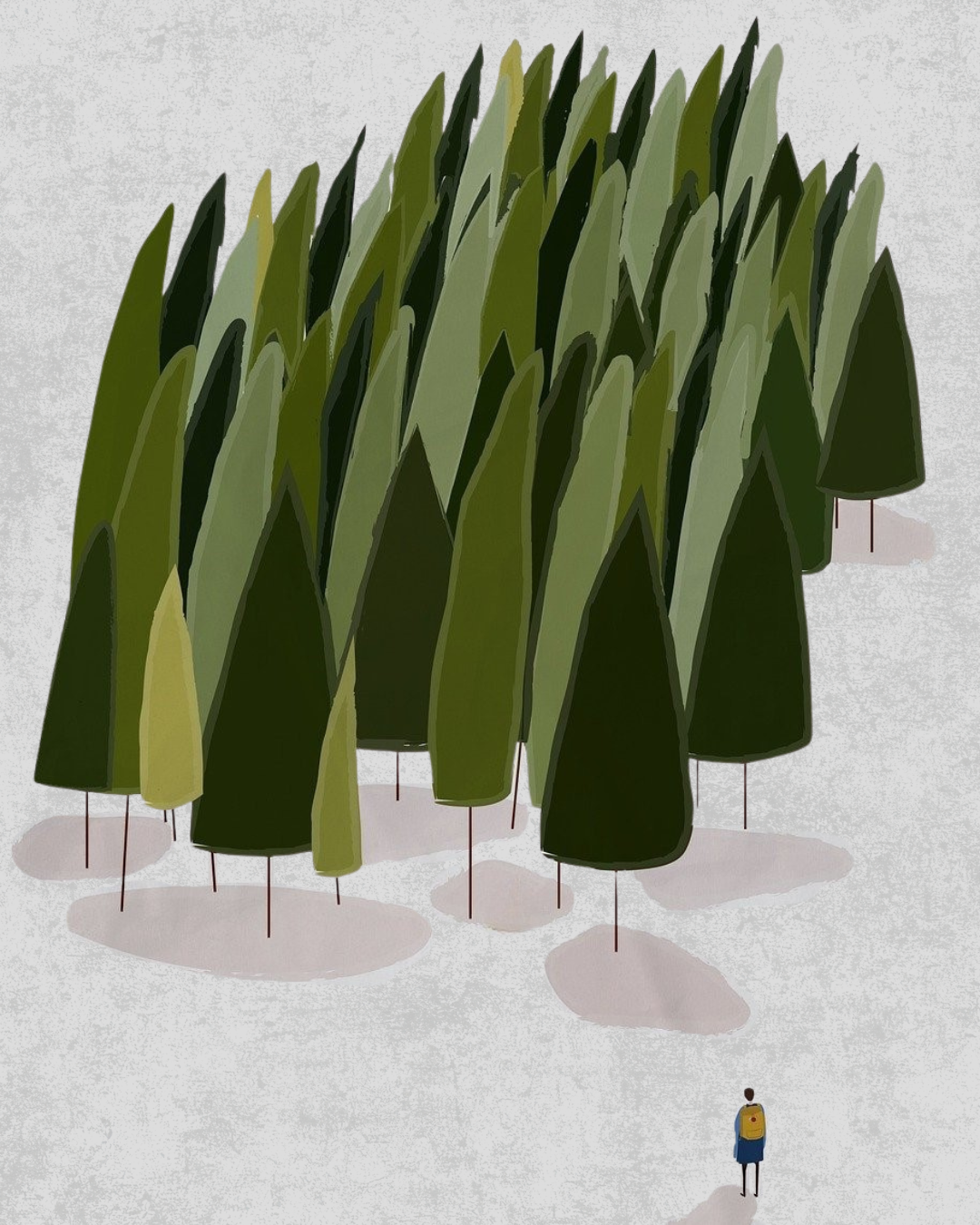 A small person with a yellow backpack standing in front of tall, stylized green trees.