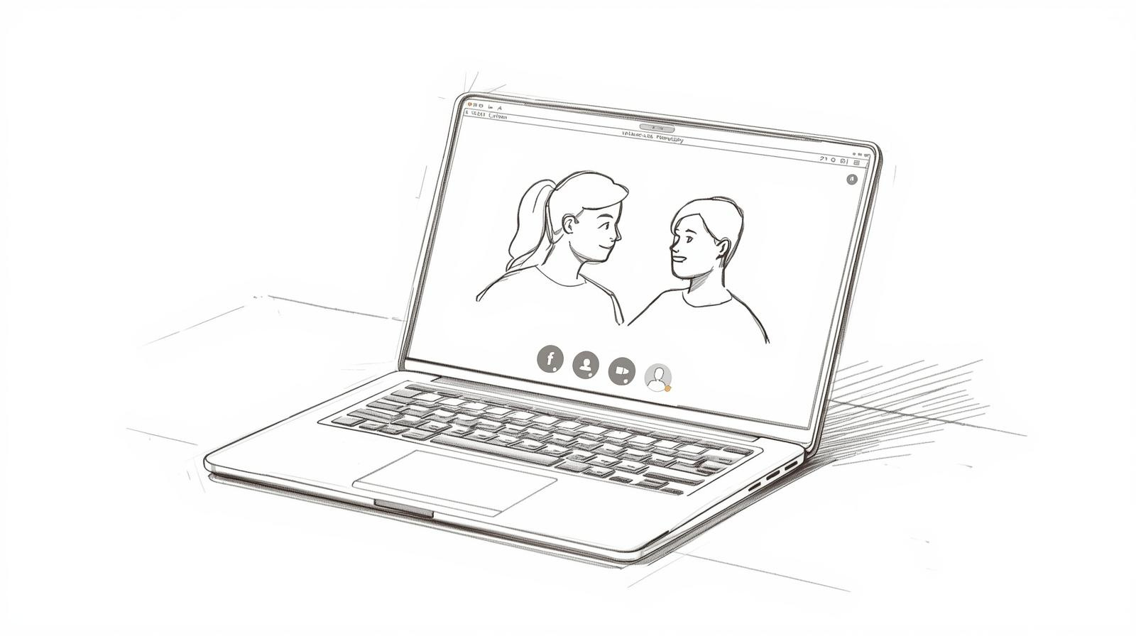 Sketch of a laptop with a video call of two women smiling at each other on the screen, on a plain surface.