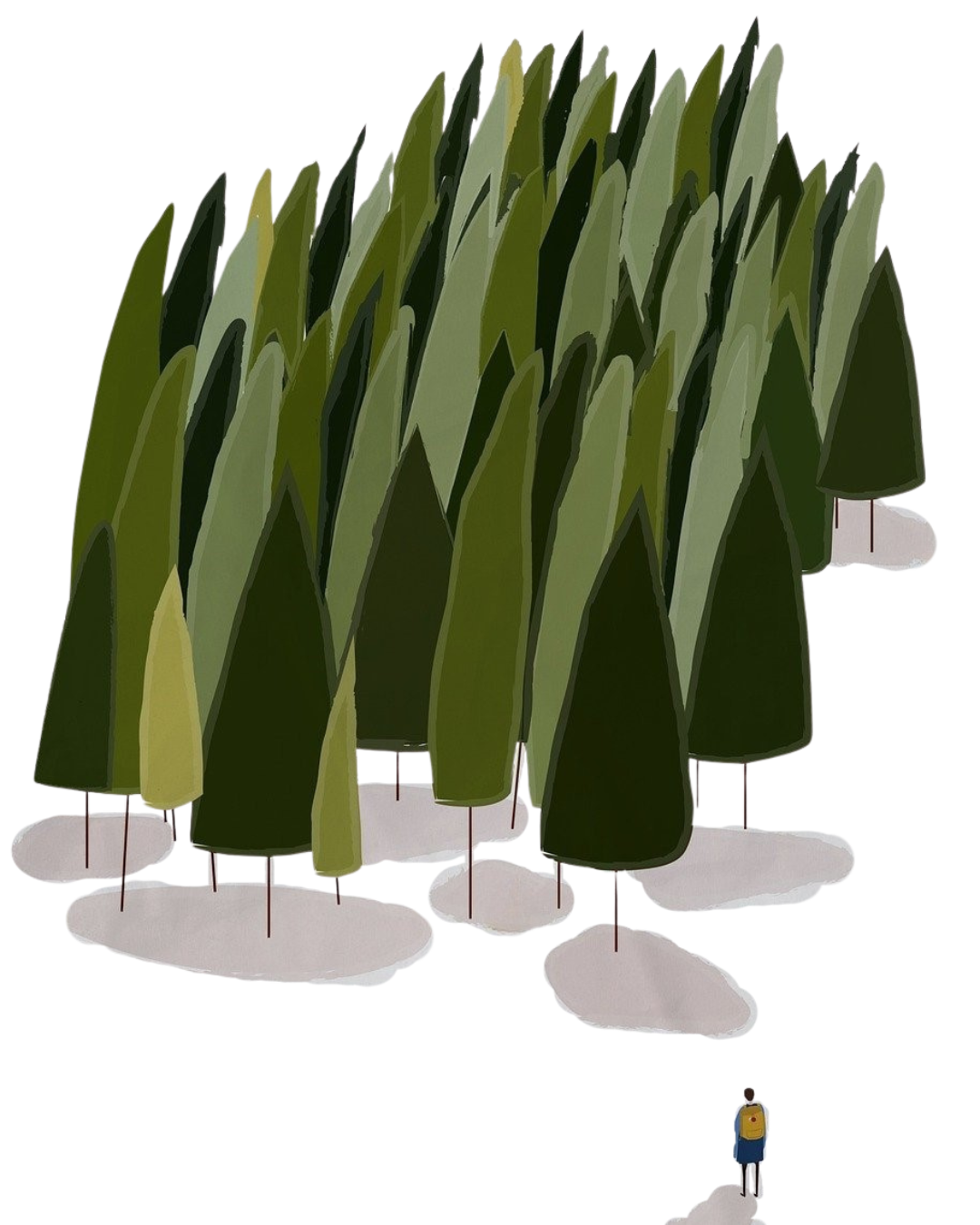 Illustration of a dense forest of tall, green trees with snow on the ground and a small person standing at the edge of the forest. Overwhelmed. Overworked. Burnout.