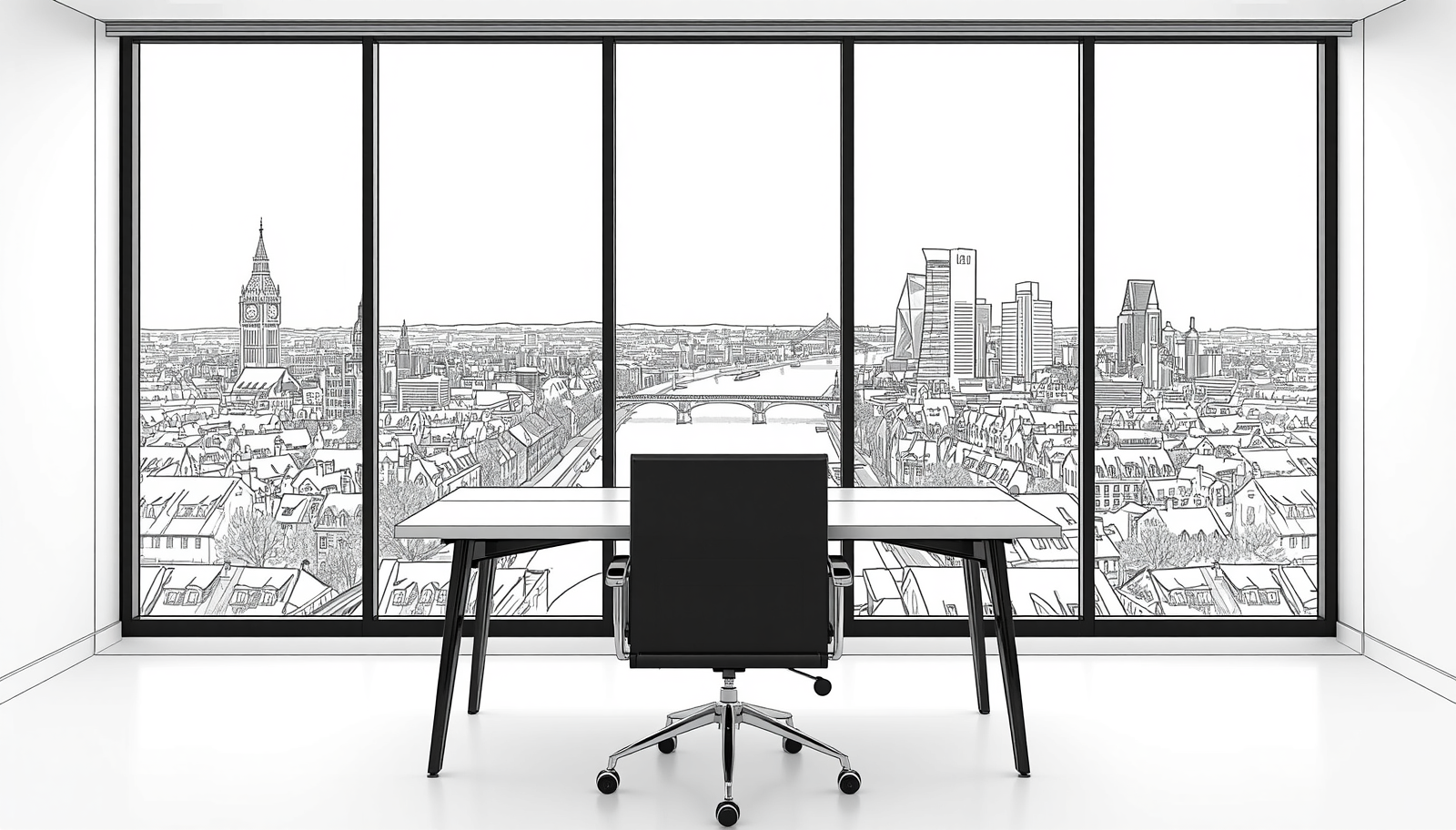 An office with a large window showing London skyline, including the Big Ben clock tower, with a desk and office chair in the foreground.