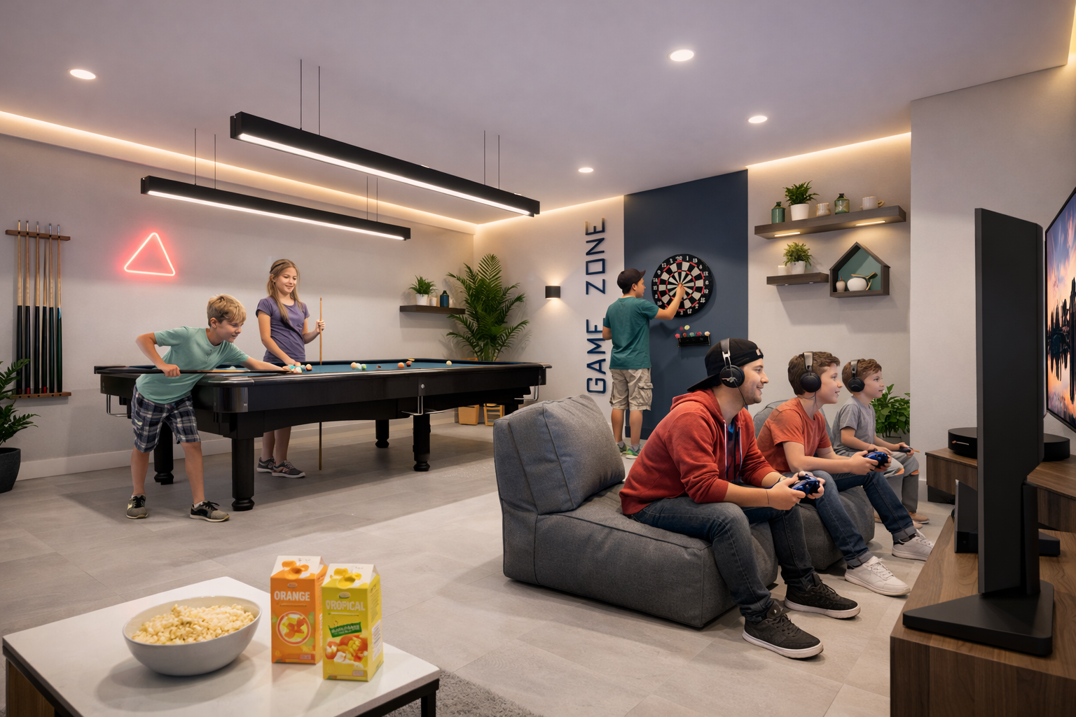 A group of children and two adults enjoying a game room with a pool table and video game setup, with snacks on a table in the foreground..residences oman, freehold, apartments visa residency muscat residences in duqm