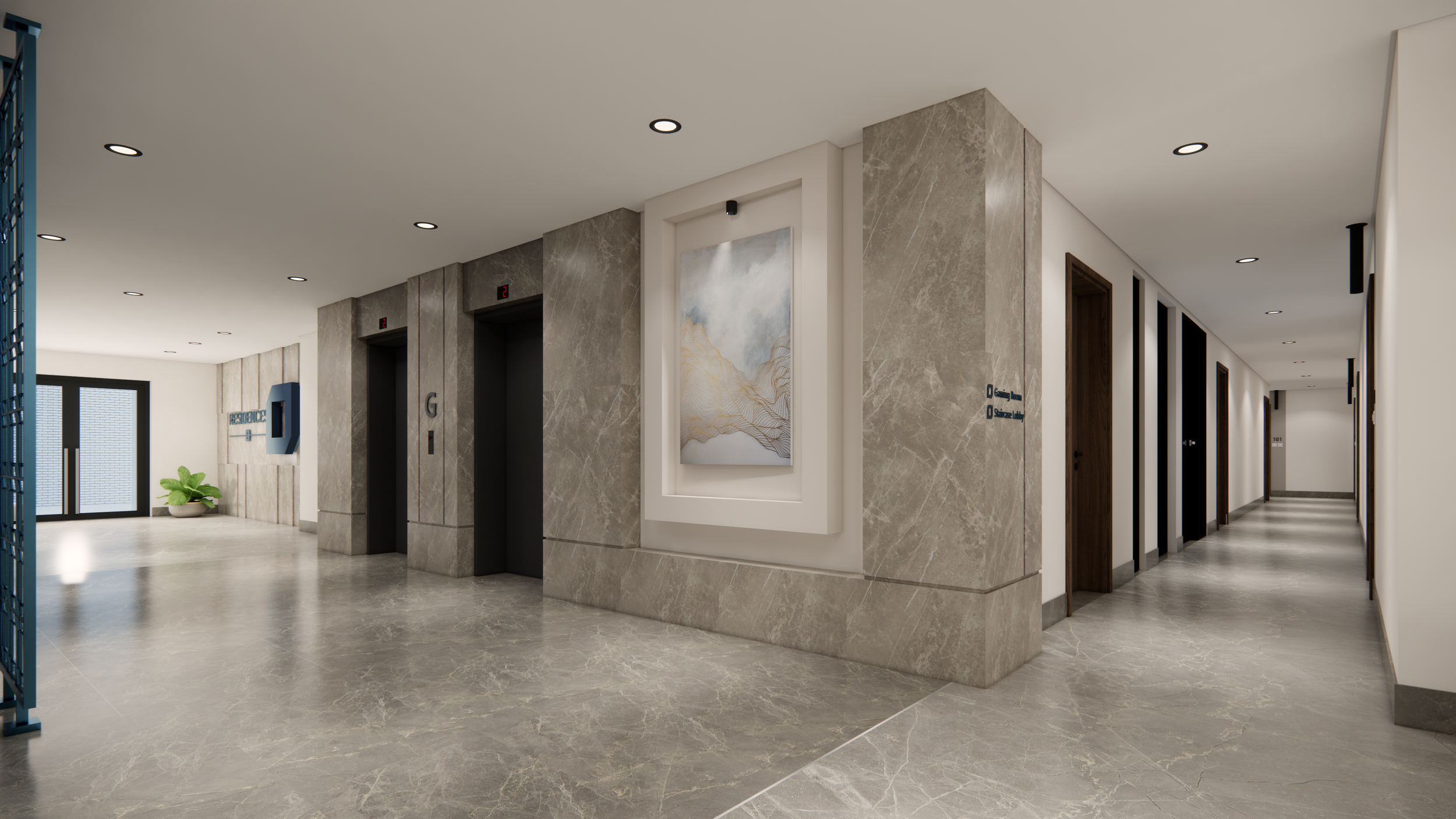 Interior of a modern residential building lobby with two elevators, a hallway with several doors, a potted plant, and a framed artwork on the wall.