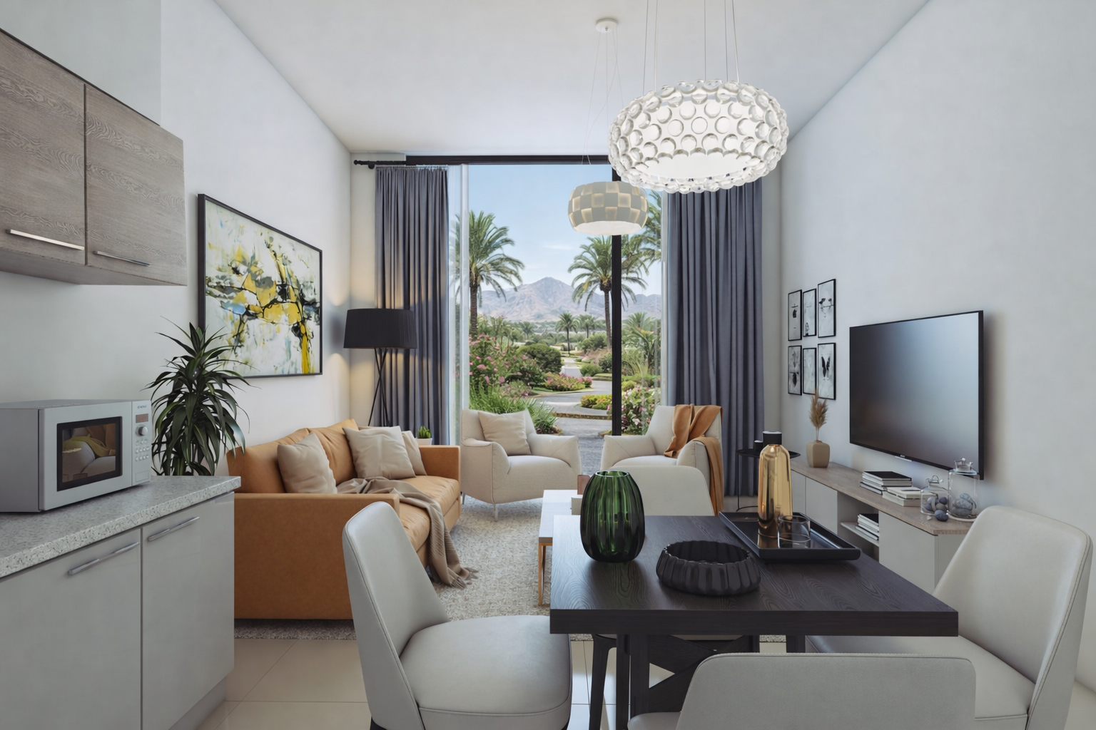 Living room with large window view of palm trees, mountains, and garden, featuring a beige sofa, white armchairs, a dark wood dining table with white chairs, .residences oman, freehold, apartments visa residency muscat residences in duqm