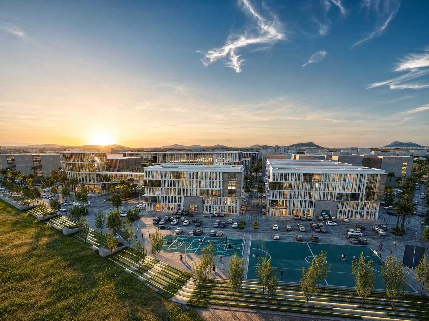 Modern residential complex with multiple white buildings, parking lots, playgrounds, and basketball courts at sunset, surrounded by green trees and hills in the background.