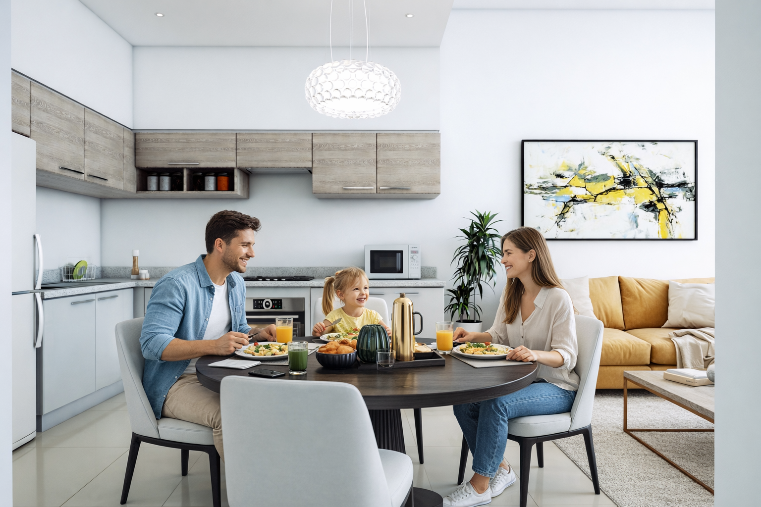 A family of three enjoying breakfast at a round dining table in a modern apartment. The table has food and drinks, with a man, a woman, and a young girl smiling.residences oman, freehold, apartments visa residency muscat residences in duqm