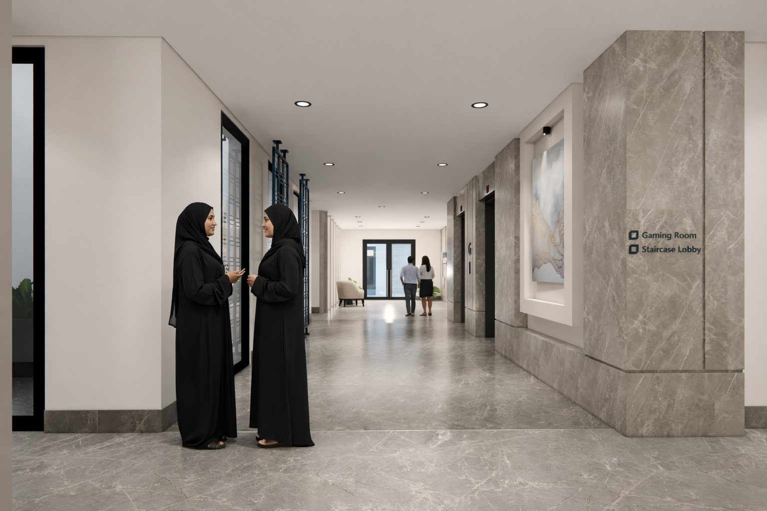 Two women in black abayas standing and talking in a modern hotel lobby with elevators and signage for gaming room and staircase lobby..residences oman, freehold, apartments visa residency muscat residences in duqm