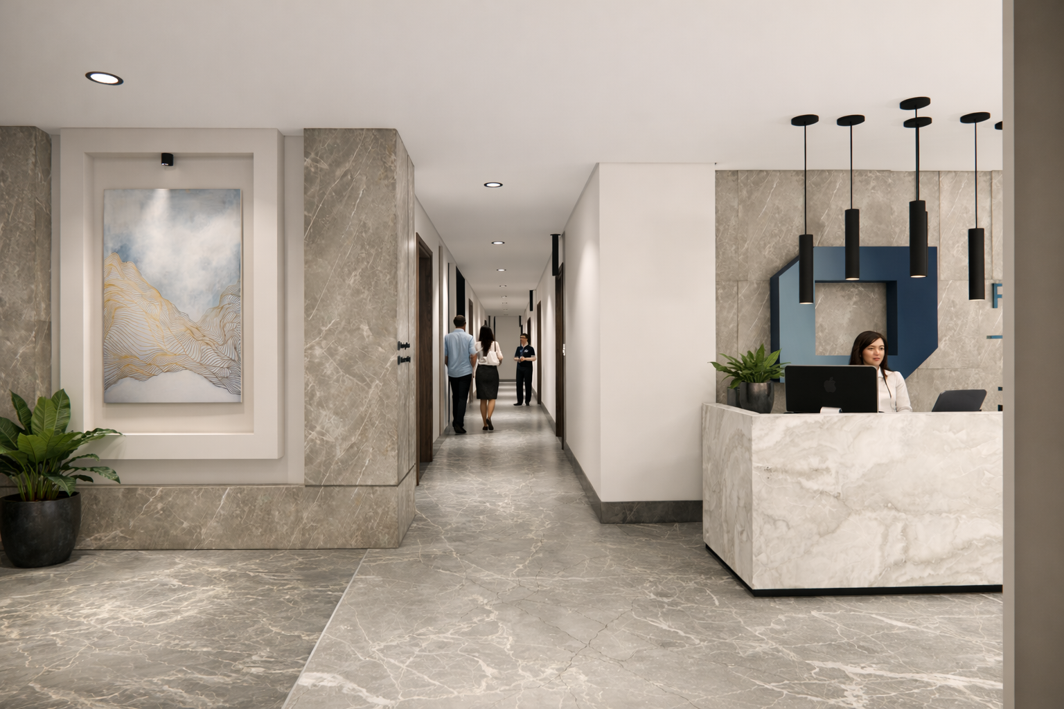 Hotel reception area with a reception desk, two people walking down the hallway, and a woman seated behind the desk..residences oman, freehold, apartments visa residency muscat residences in duqm
