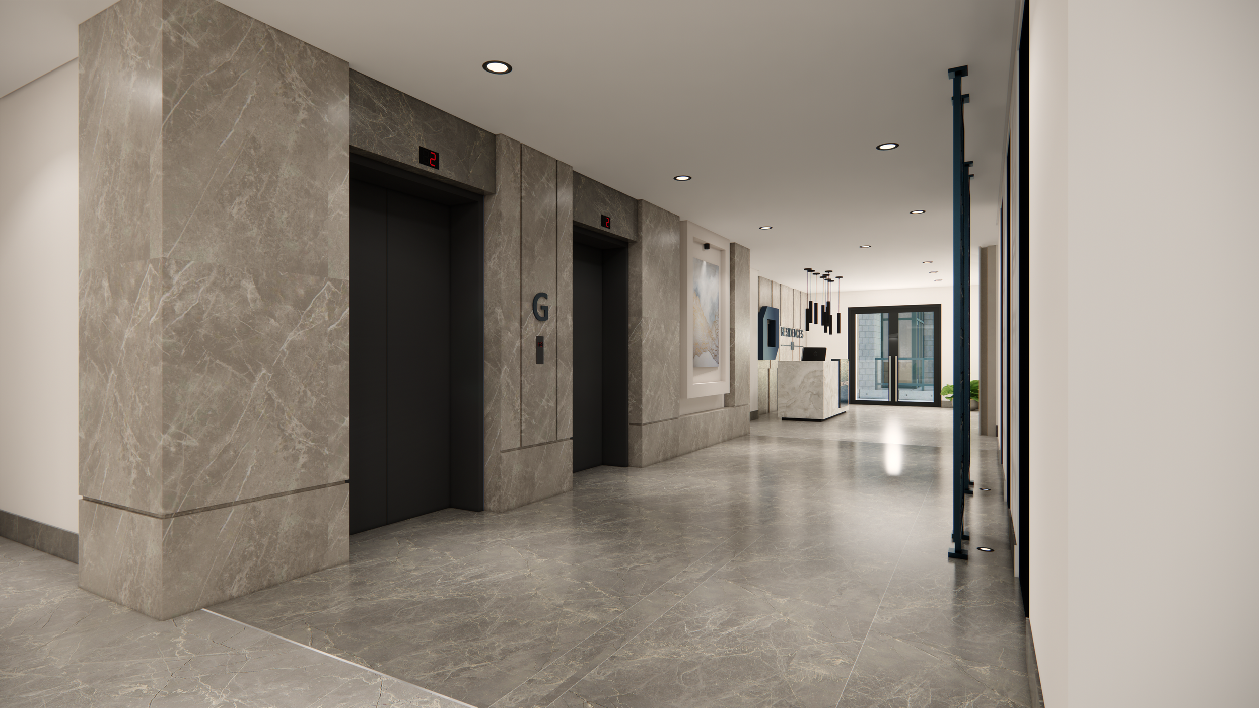 Modern office lobby with two elevators with gray marble walls, a reception desk, and glass doors leading outside.