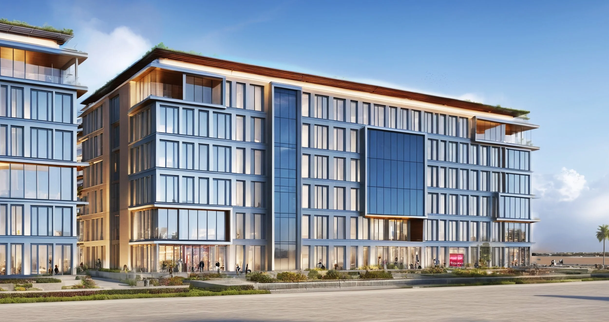Modern multi-story building with large glass windows and a landscaped foreground, set against a partly cloudy sky.