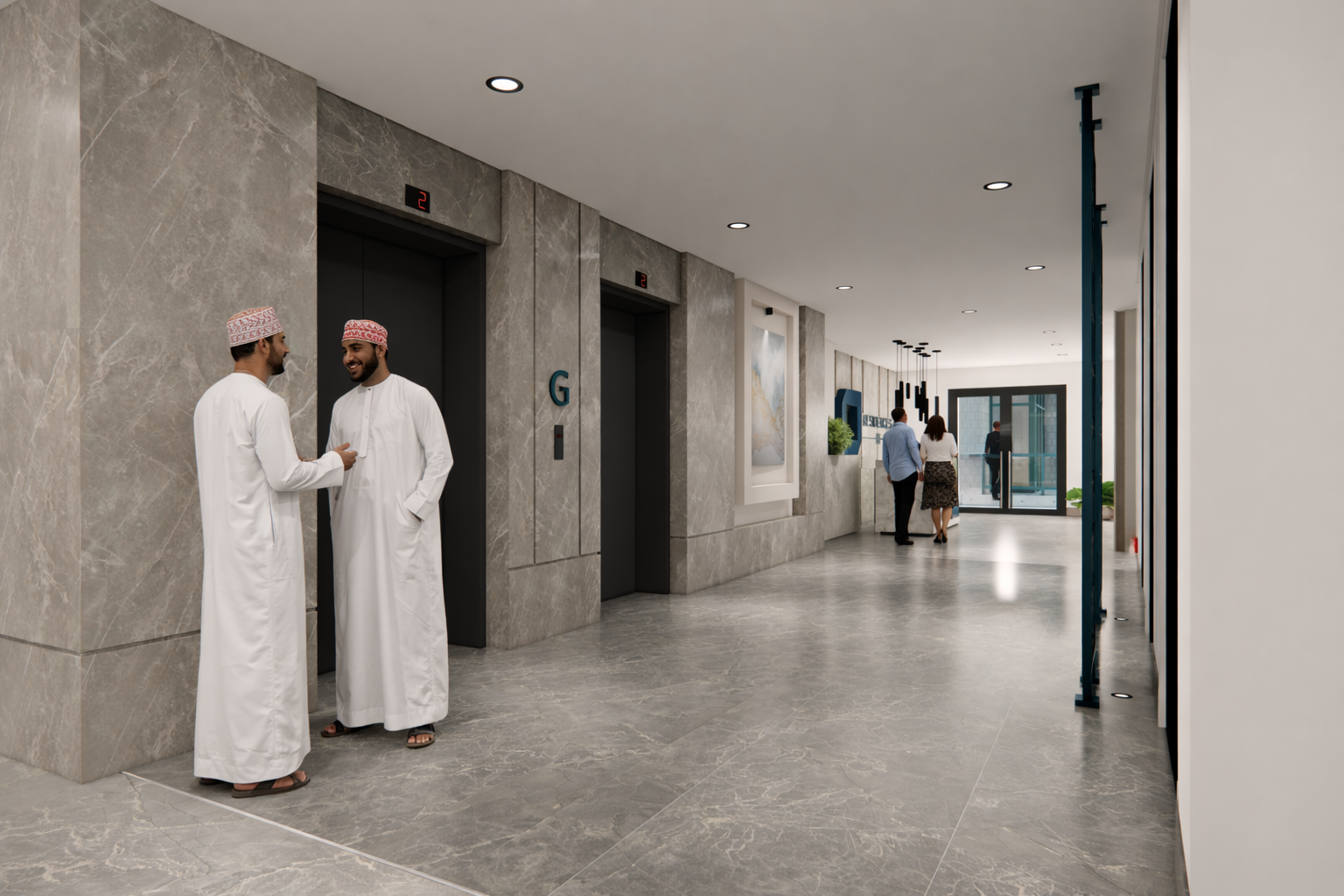 Two men in traditional Middle Eastern attire are talking near elevator doors in a modern building lobby. There are two other people walking towards the entrance in the background..residences oman, freehold, apartments visa residency muscat residences