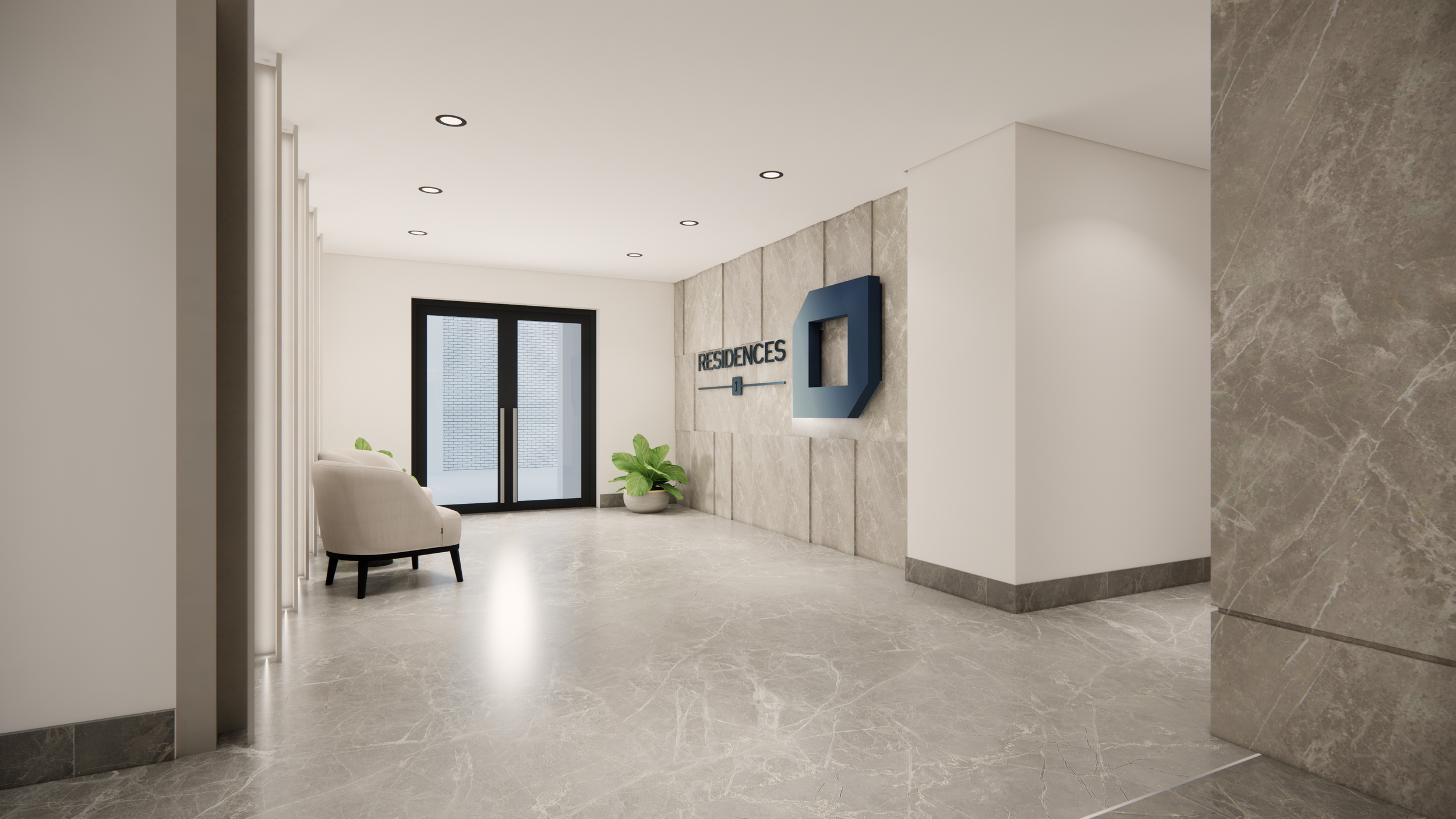 Modern building lobby with beige marble flooring, white walls, Scala chairs, potted plants, and a black entrance door with glass. Sign on wall reads "Residences" with a blue geometric logo.