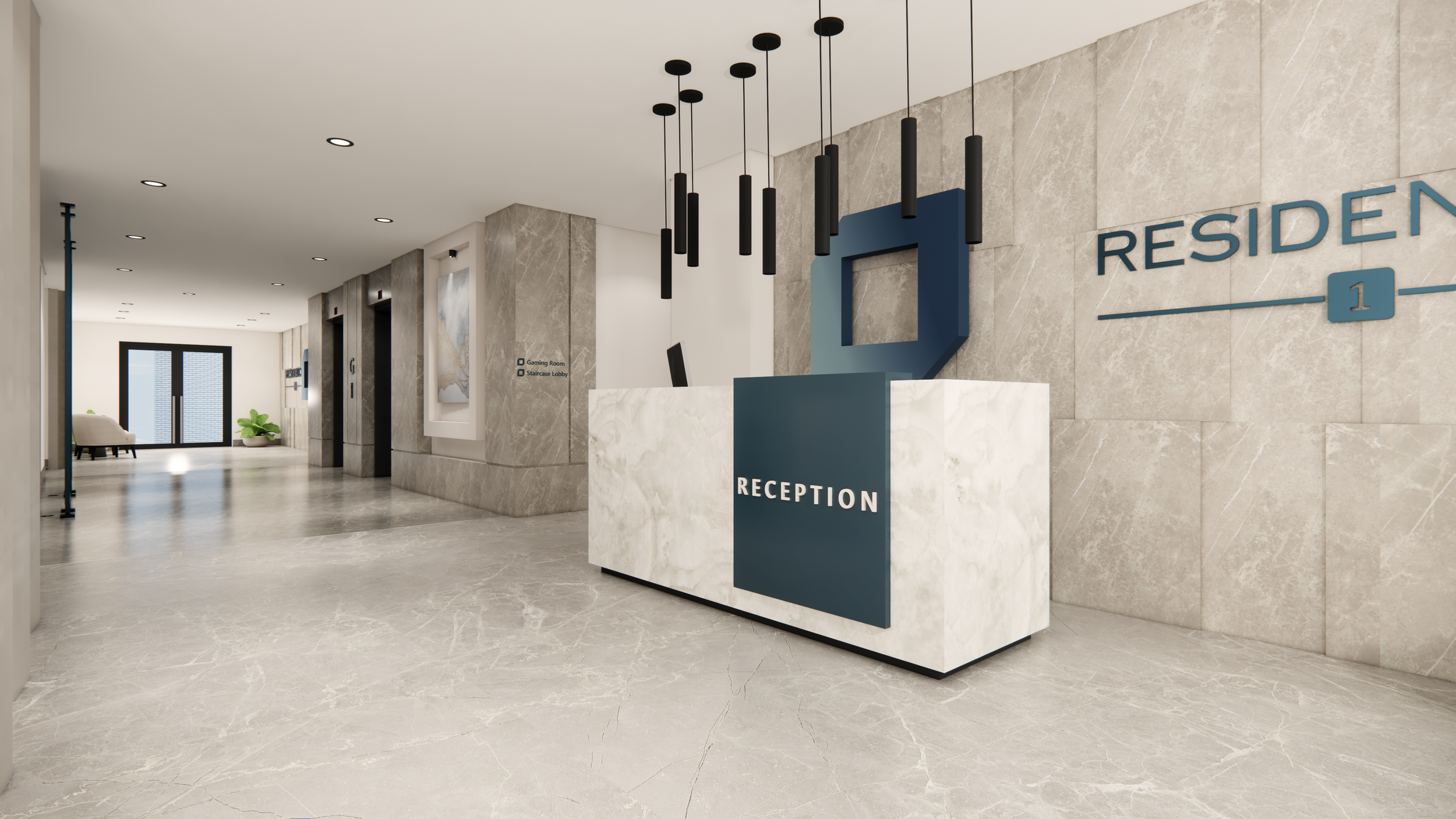 Modern hotel lobby reception desk with black pendant lights, marble floors and walls, and signage indicating the residents' lobby and elevators.