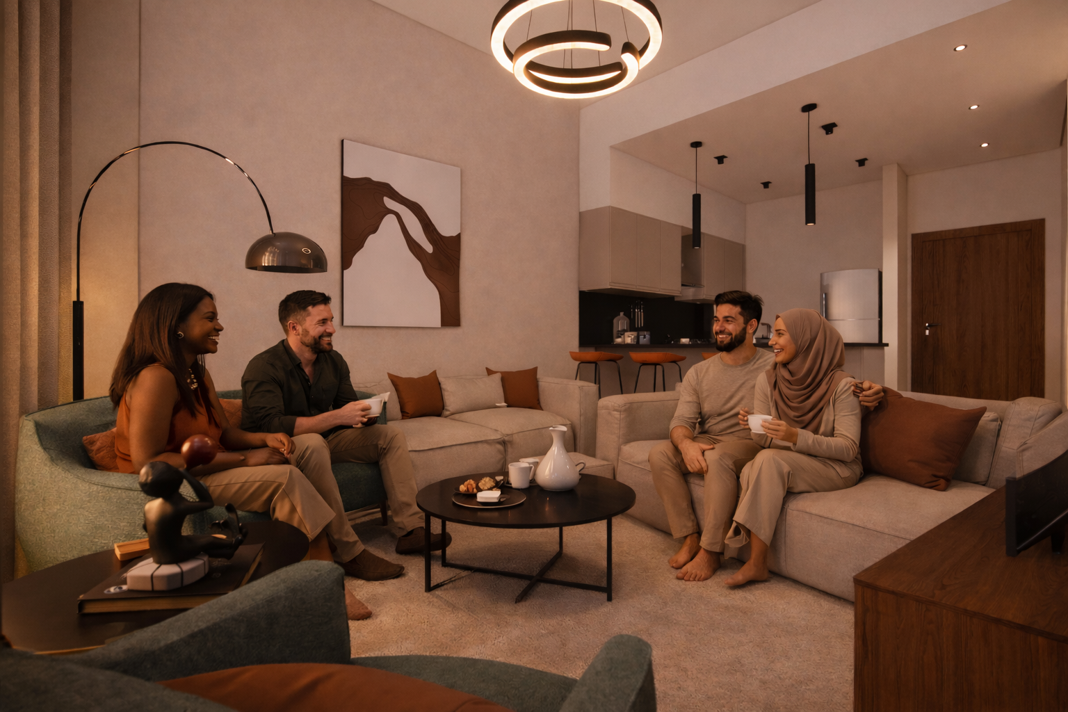 Group of four diverse people sitting on couches in a modern living room, smiling and chatting, with a coffee table with snacks and beverages, in a warmly lit home interior.