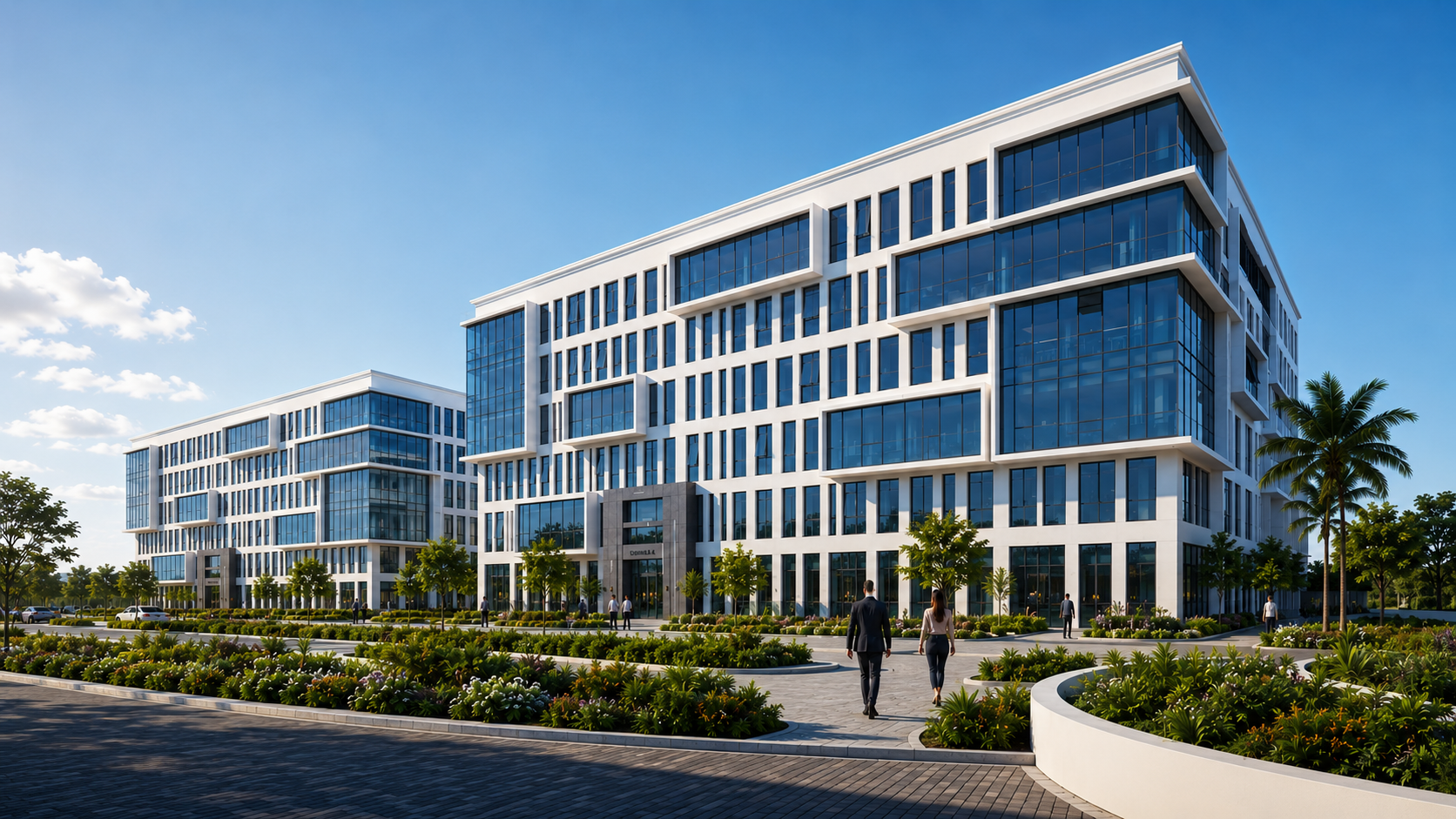 Modern multi-story office building with large glass windows, surrounded by landscaped gardens, palm trees, and people walking on the sidewalk on a clear day.