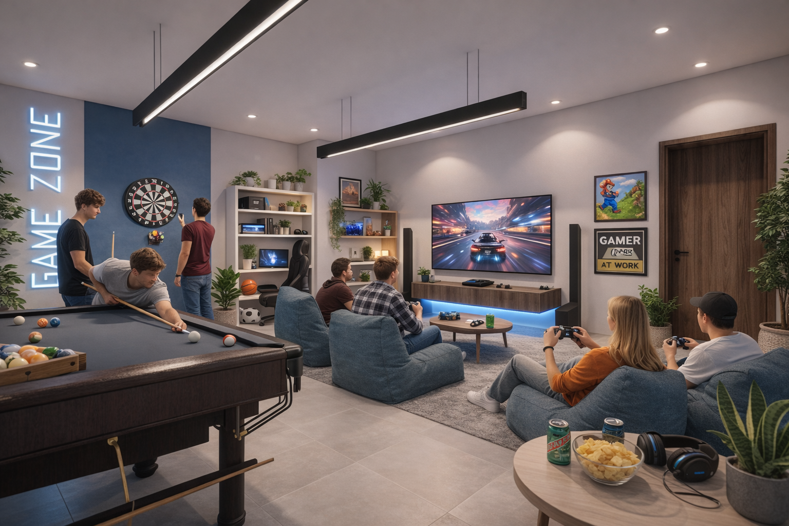 Young people playing pool, watching TV, and video gaming in a modern game room with a dartboard, video game consoles, and decor..residences oman, freehold, apartments visa residency muscat residences in duqm