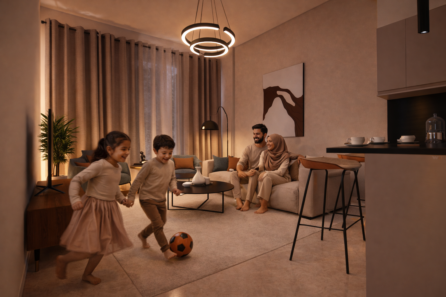 A cozy living room with a family of four, including two young children playing with a soccer ball, while parents sit on a couch watching and smiling. The room has warm lighting, beige curtains, and modern decor..residences oman, freehold, apartments