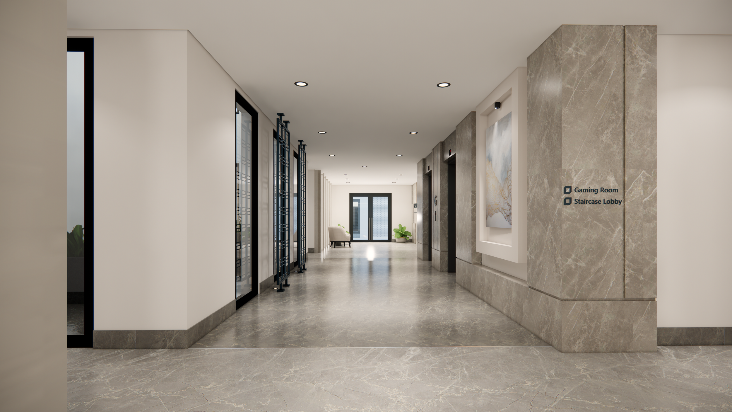 Modern hotel lobby hallway with marble floors, white and gray walls, glass doors, and a seating area with plants at the end.