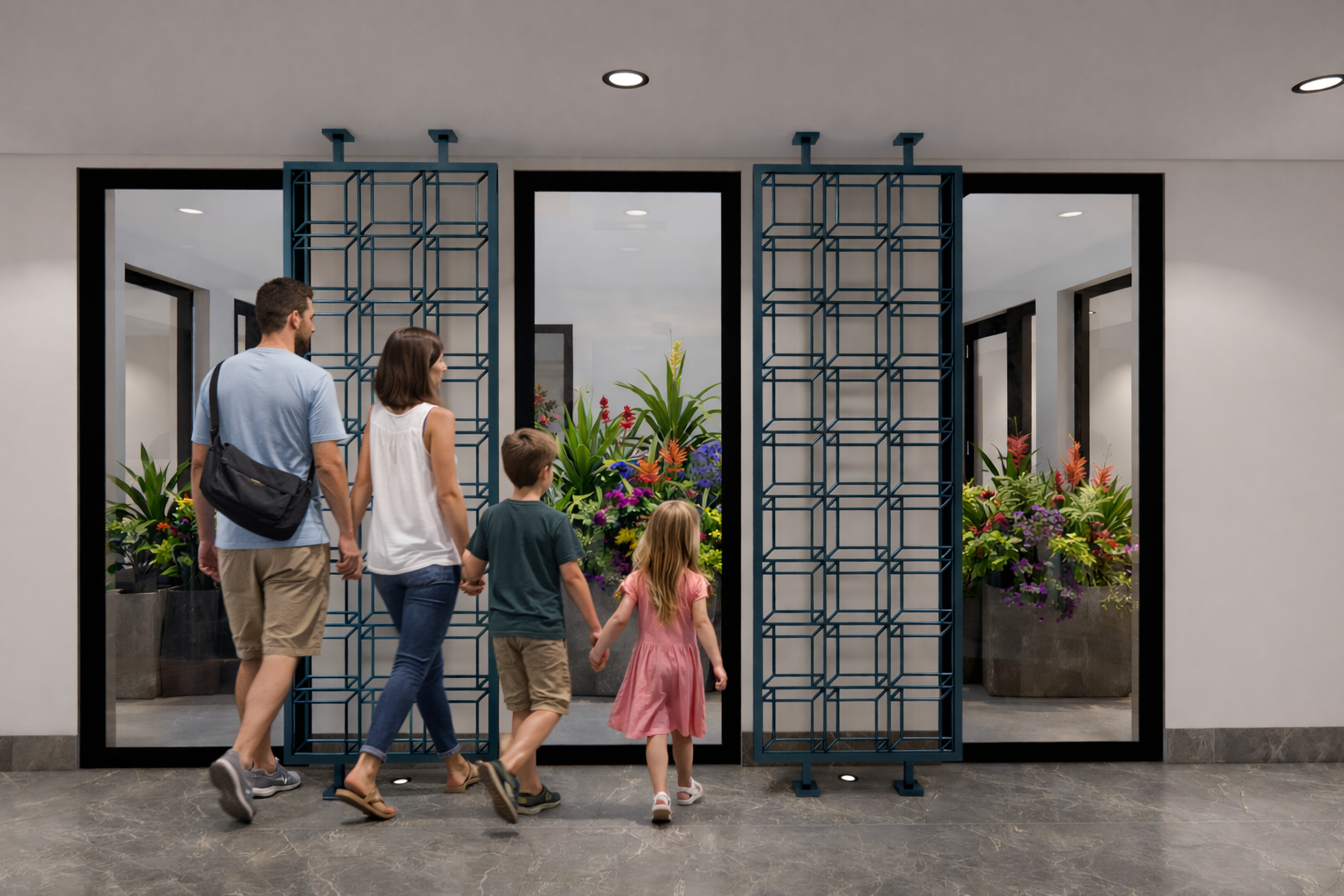 Family of five walking into a modern building with large windows and floral arrangements in planters inside..residences oman, freehold, apartments visa residency muscat residences in duqm