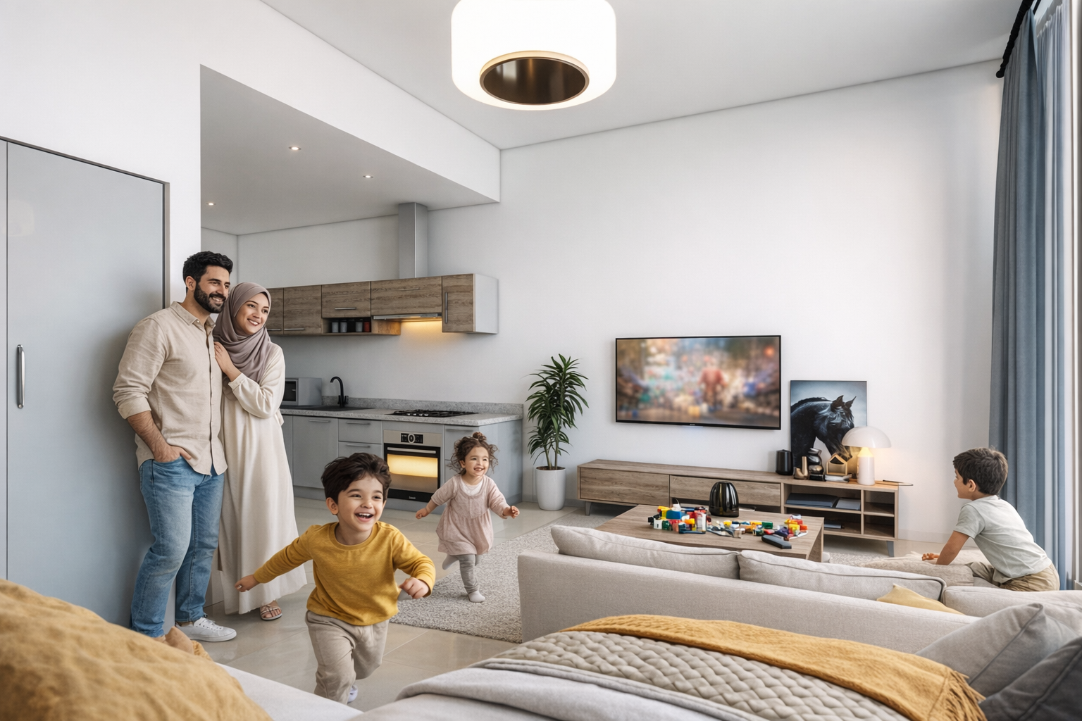 Happy family of five in a modern living room, with parents and three children smiling, playing, and watching TV..residences oman, freehold, apartments visa residency muscat residences in duqm