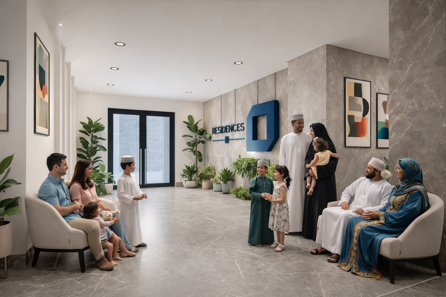People in a lobby of a residence. Children, adults, and a family are socializing and waiting..residences oman, freehold, apartments visa residency muscat residences in duqm