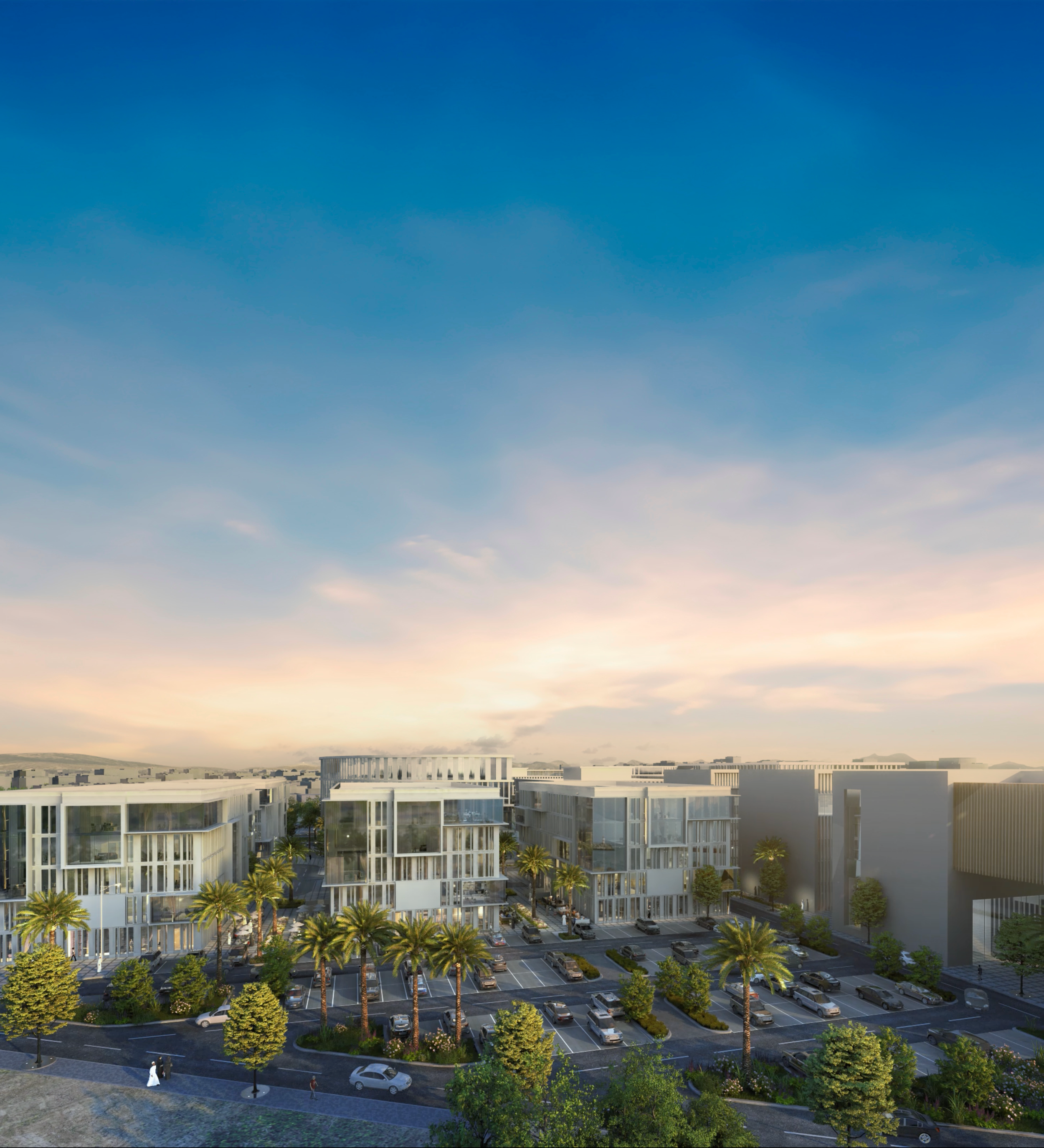 Rendering of a modern residential or commercial complex with multiple buildings, parking lot, palm trees, and a sunset sky.residences oman, freehold, apartments visa residency muscat residences