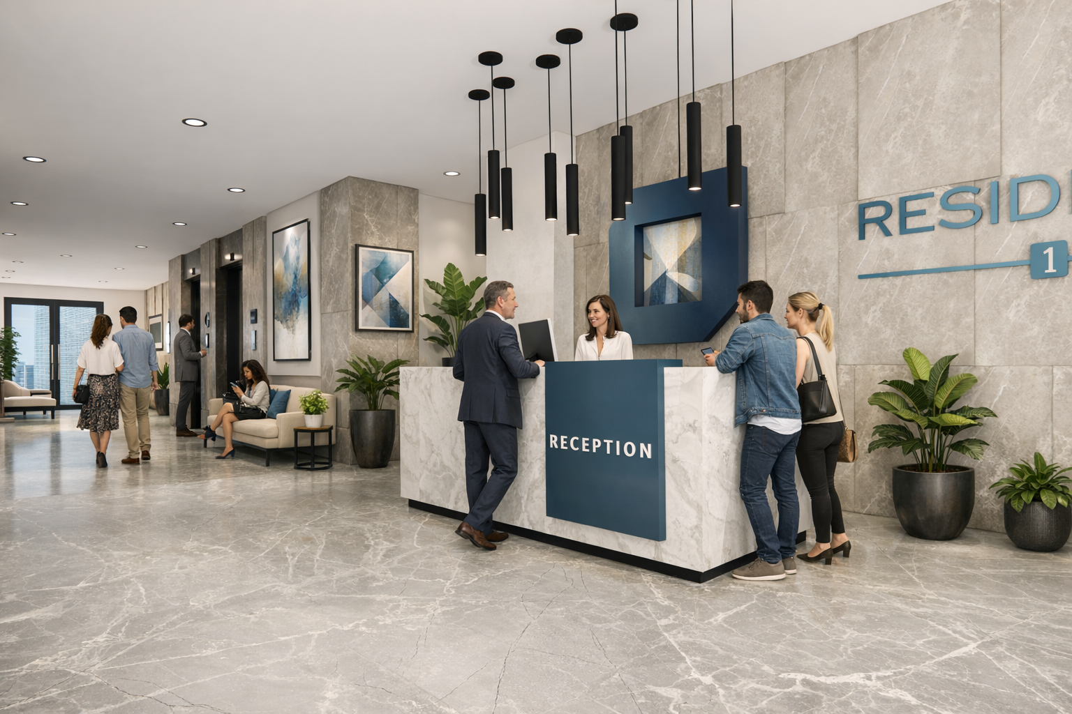Modern hotel lobby reception area with a marble front desk, a sign that says 'RECEPTION', and people checking in and waiting. The lobby has grey marble floors, large potted plants, abstract artwork, and black pendant lights..residences oman, freehold