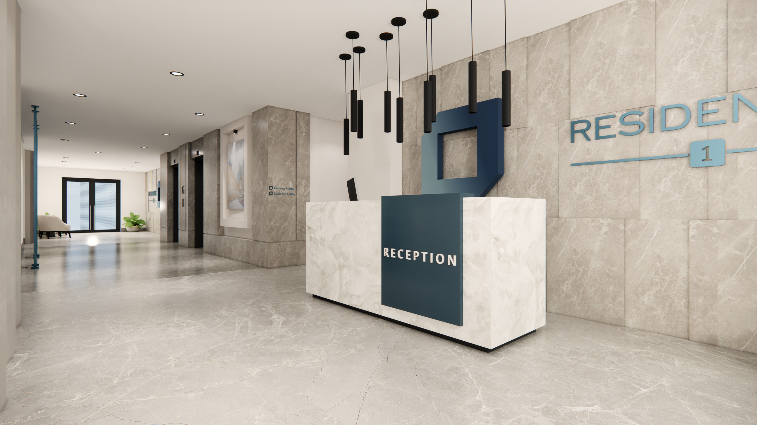 Modern hotel lobby with reception desk in white marble, behind which are elevator doors and hallway with seating area, plants, and artwork.