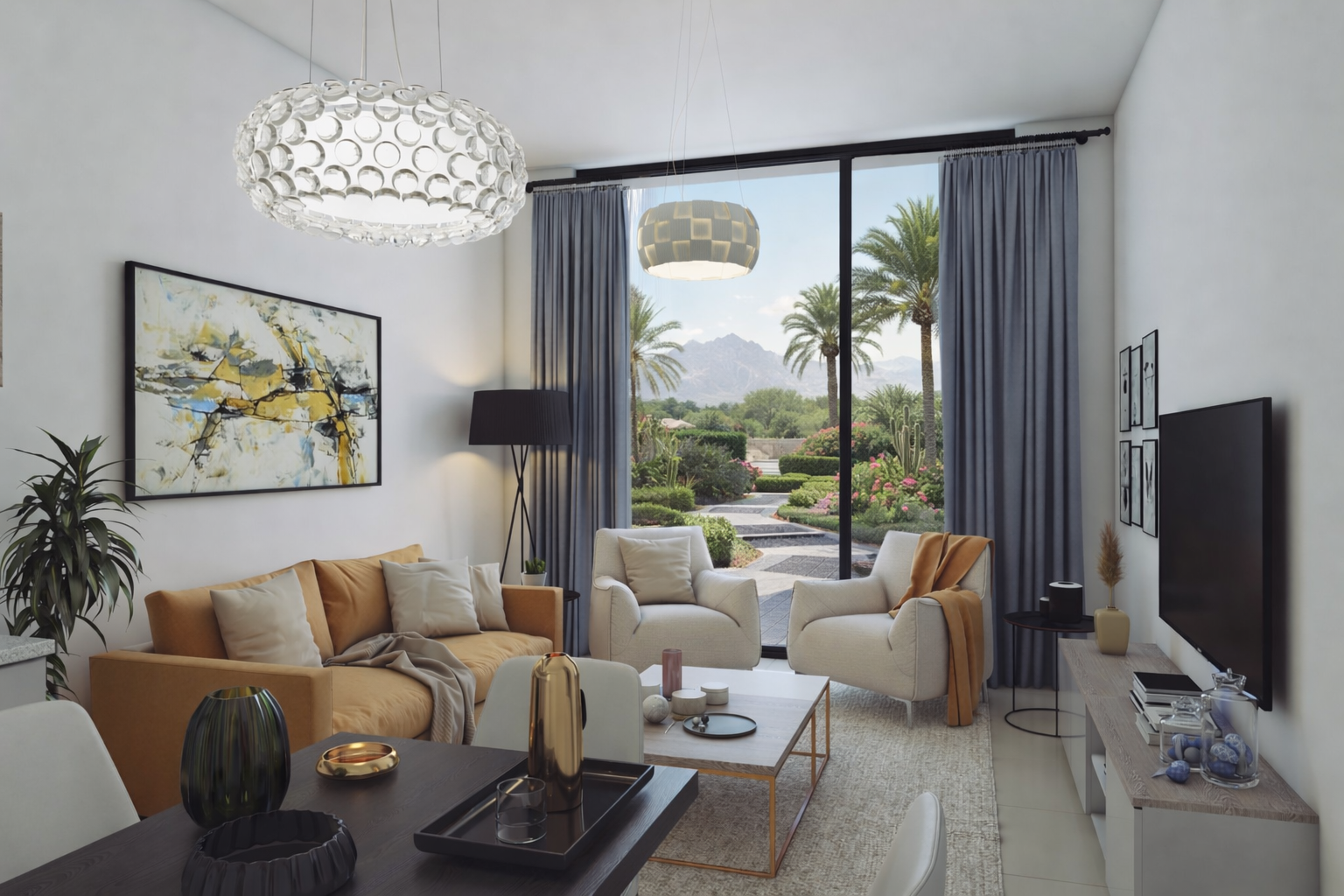 Modern living room with large sliding glass doors opening to desert landscape with palm trees, mountains, and blue sky. Features a beige sofa, .residences oman, freehold, apartments visa residency muscat residences in duqm