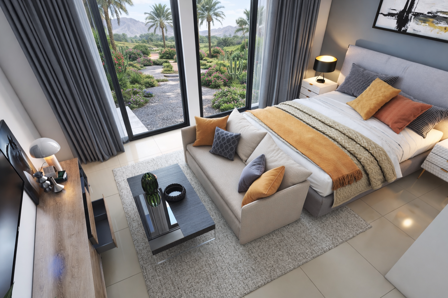 Modern hotel room with large sliding glass doors opening to desert garden with palm trees, cacti, and mountain view, decorated with neutral tones and colorful pillows,.residences oman, freehold, apartments visa residency muscat residences in duqm