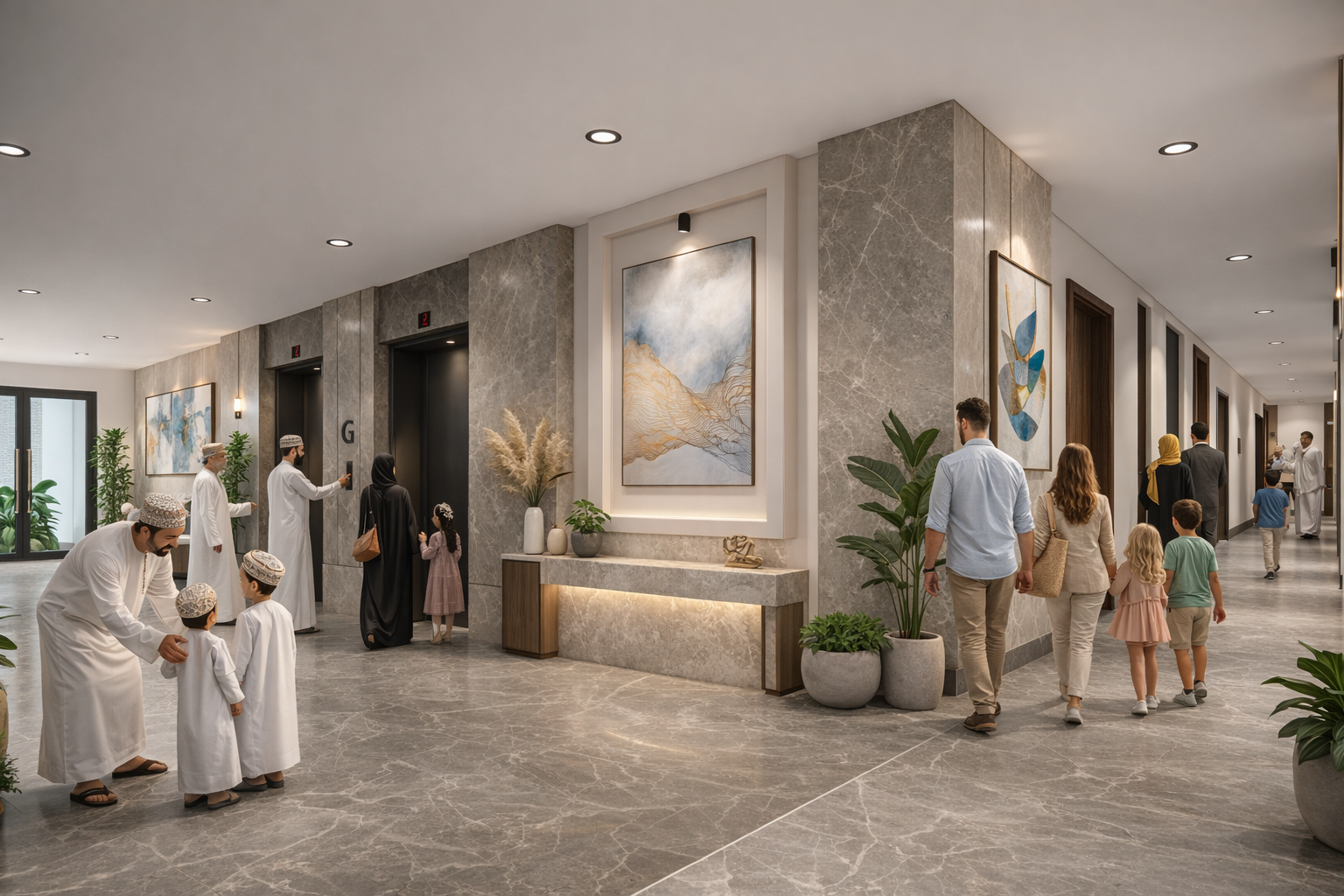 Hotel lobby with people checking in and families walking, modern interior with artwork, plants, and marble flooring..residences oman, freehold, apartments visa residency muscat residences in duqm