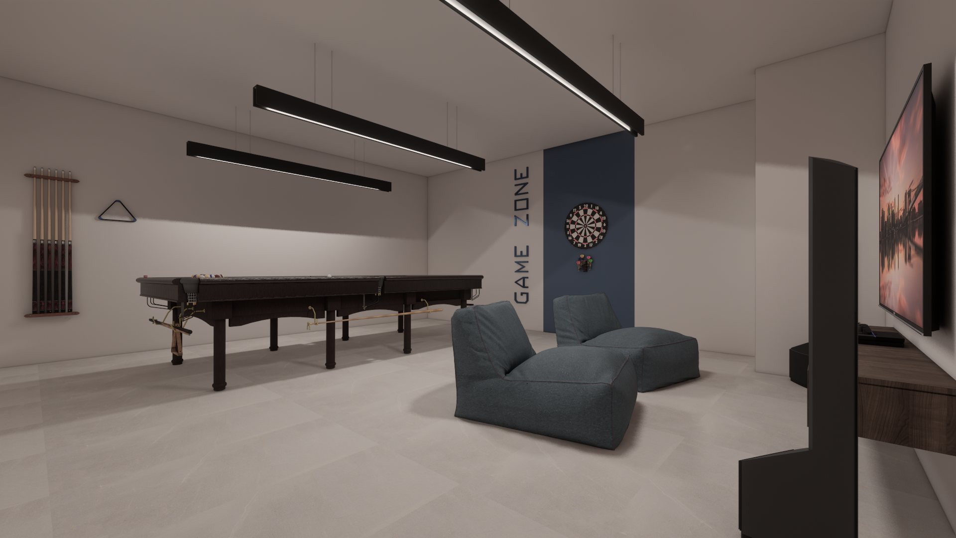 Modern recreation room with pool table, dartboard, comfortable chairs, and a large television, with a blue accent wall displaying the words 'GAME ZONE' and a cityscape sunset on the TV screen.