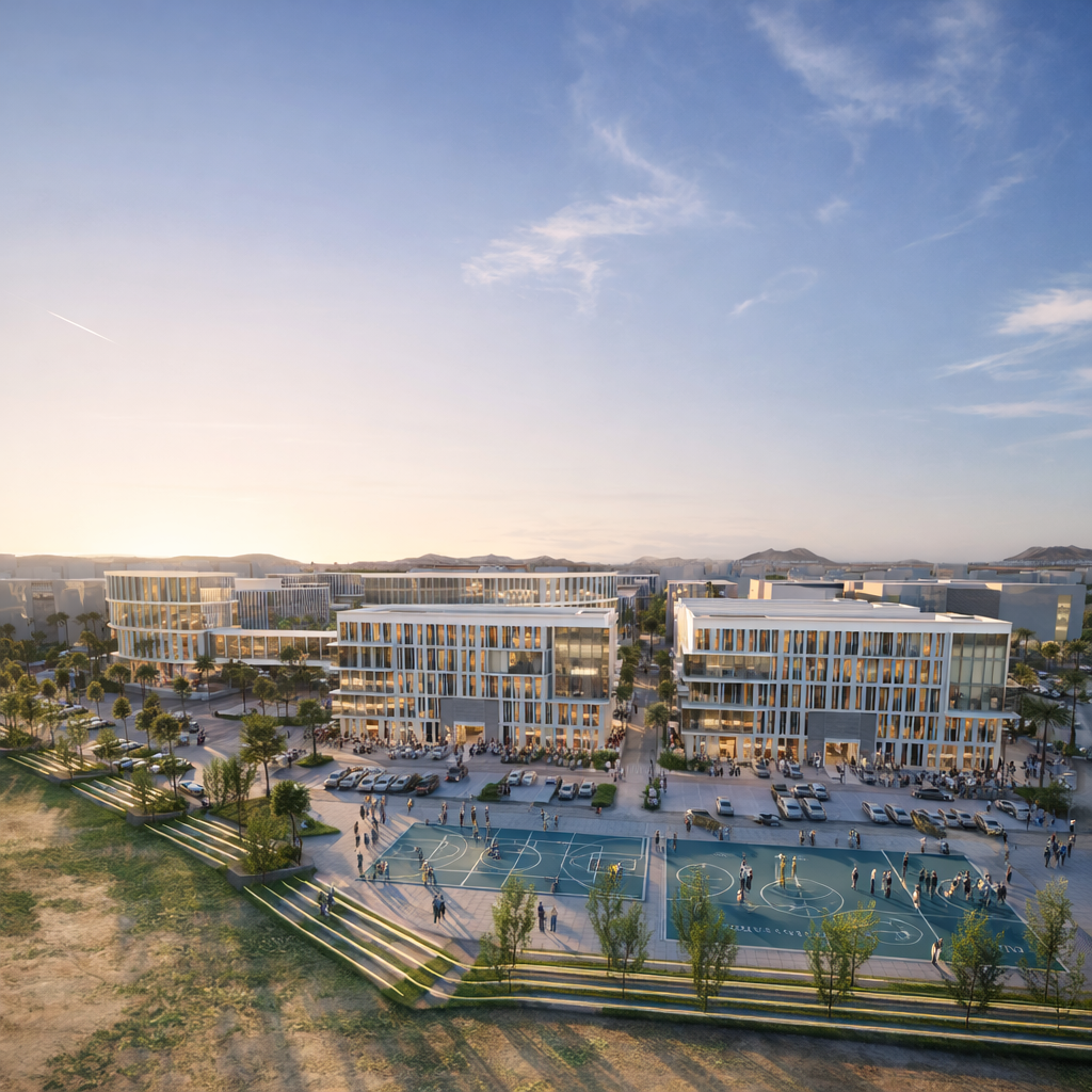 A modern residential complex during sunset with multiple apartment buildings, basketball courts, parked cars, and people walking and playing..residences oman, freehold, apartments visa residency muscat residences in duqm