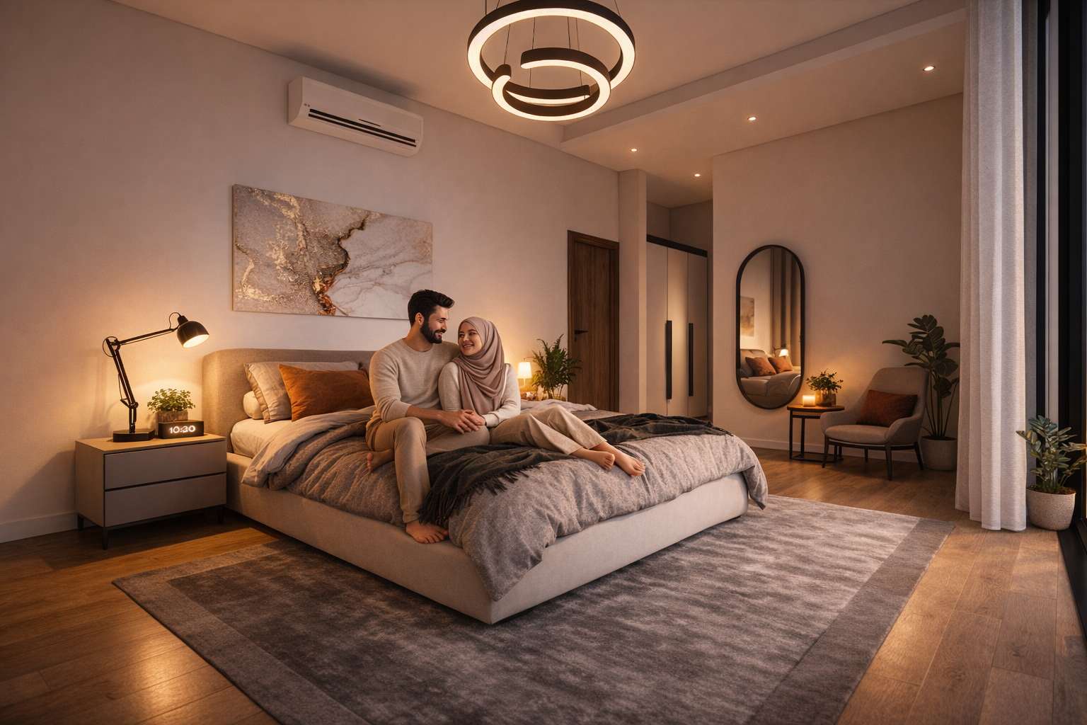 A couple sitting on a bed in a modern bedroom with warm lighting, artwork above bed, plants, and a large window with white curtains.