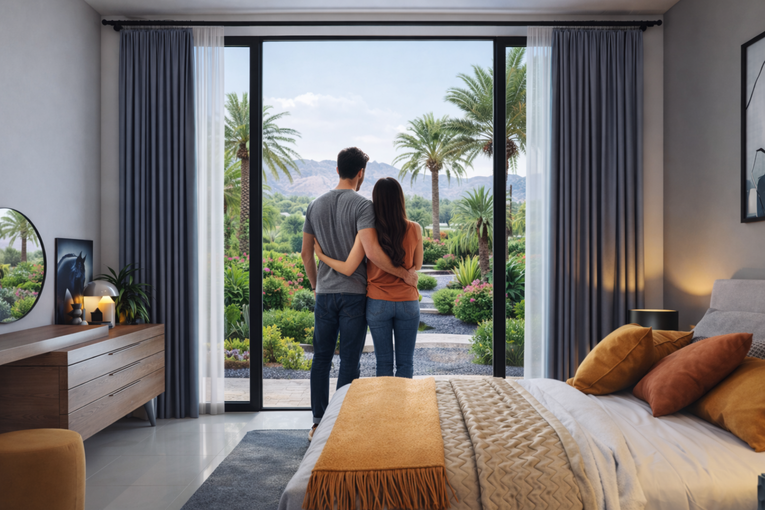 A couple stands in a bedroom looking out a sliding glass door to a lush garden with palm trees and mountains in the background.residences oman, freehold, apartments visa residency muscat residences