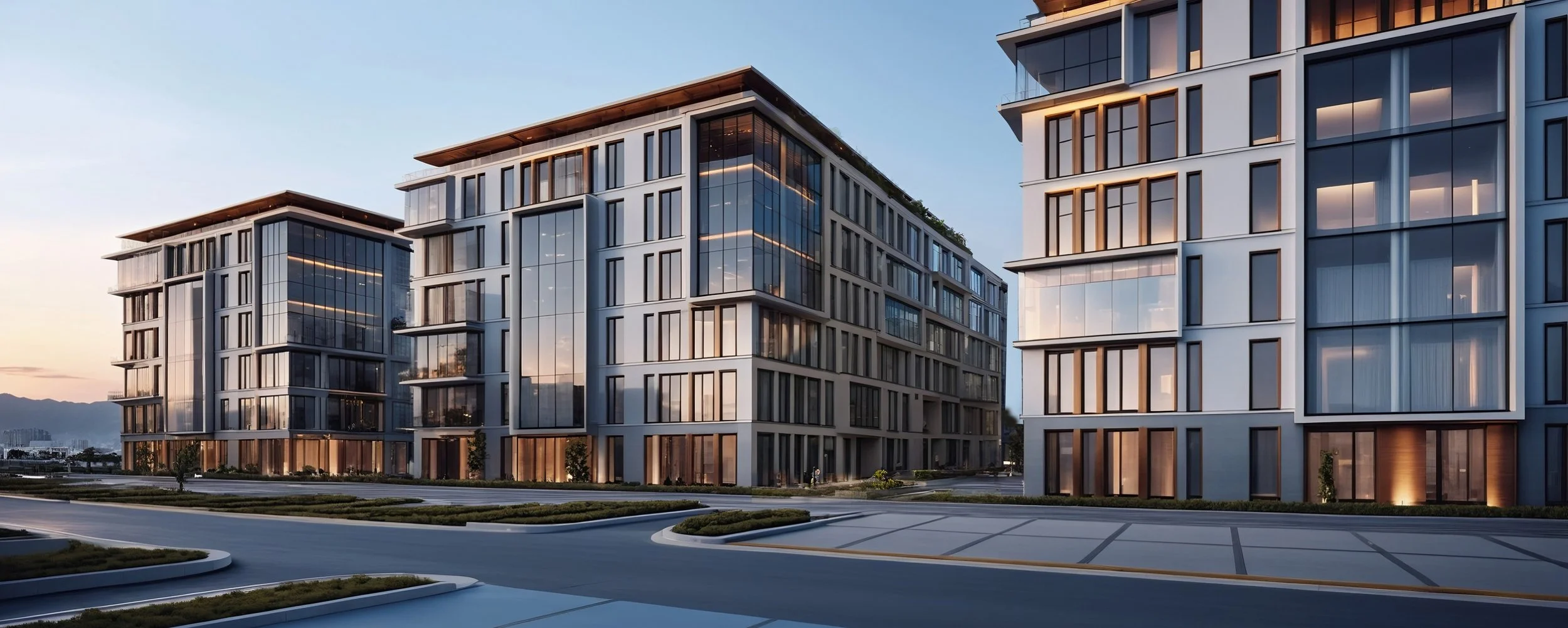 Modern apartment buildings with large glass windows and white exterior, set against a sunset sky, with parking spaces and landscaped areas in the foreground.