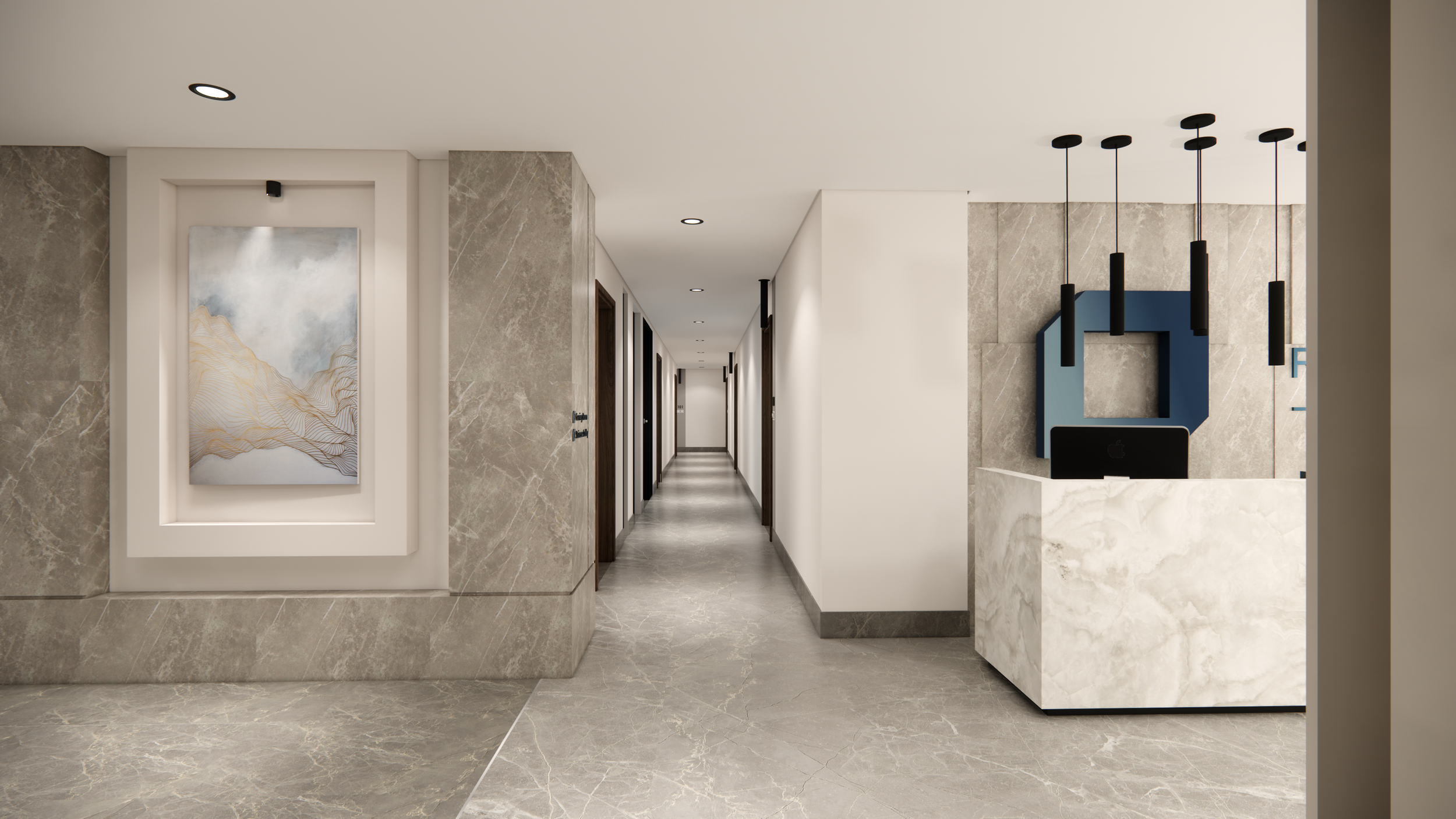 Modern hotel or office lobby with marble flooring and walls, featuring a reception desk with a computer, hanging black pendant lights, and artwork on the wall