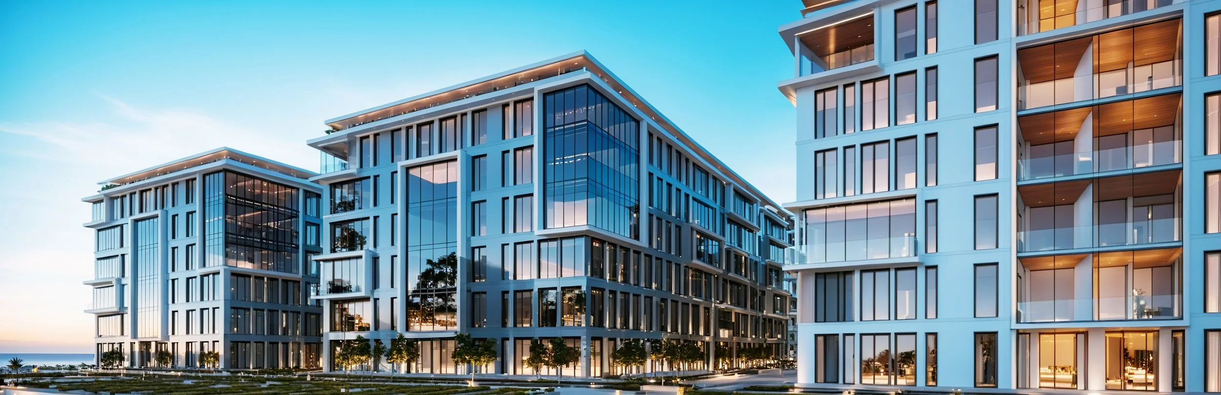 Modern residential buildings with glass facades and balconies