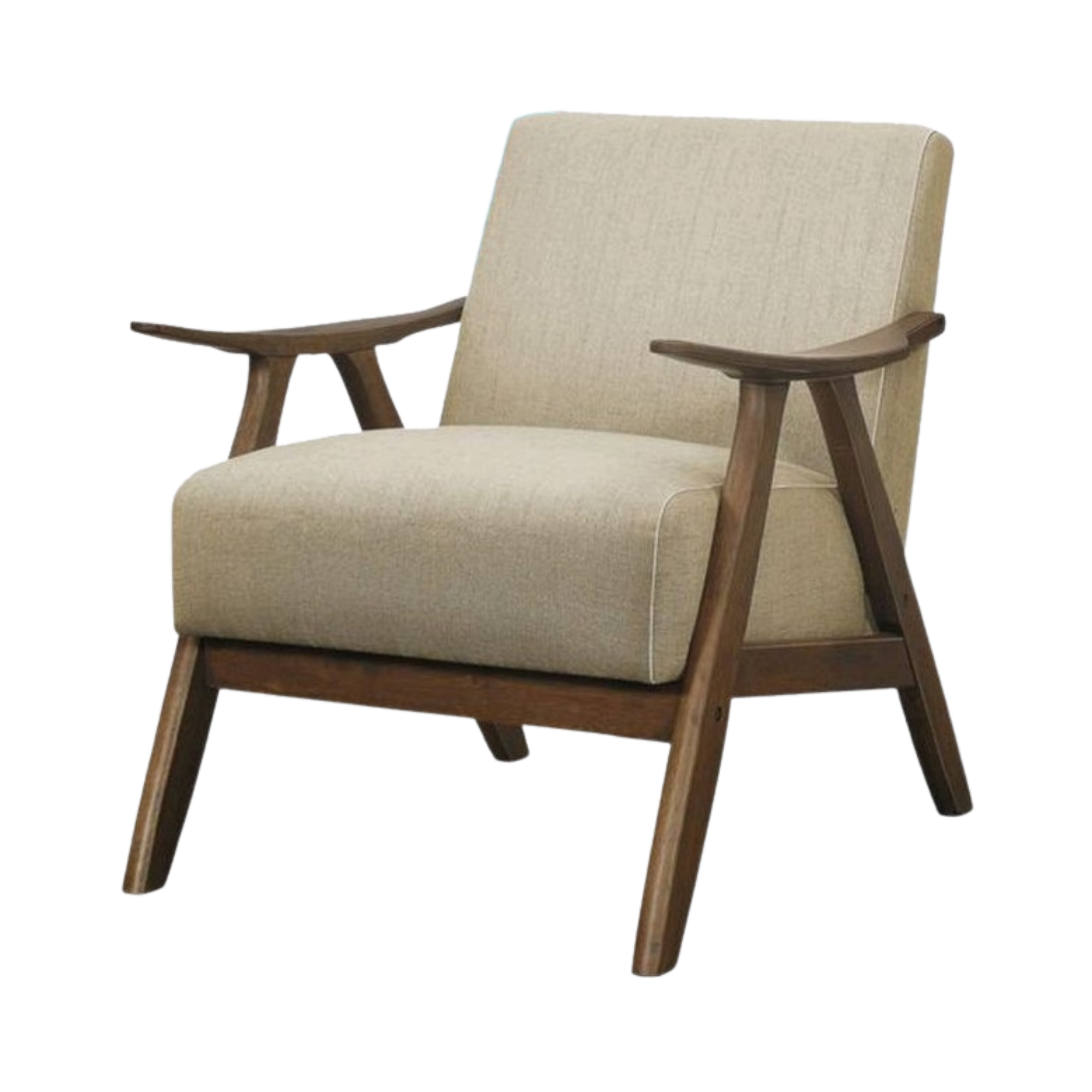 A mid-century modern armchair with beige fabric upholstery and wooden armrests and legs.