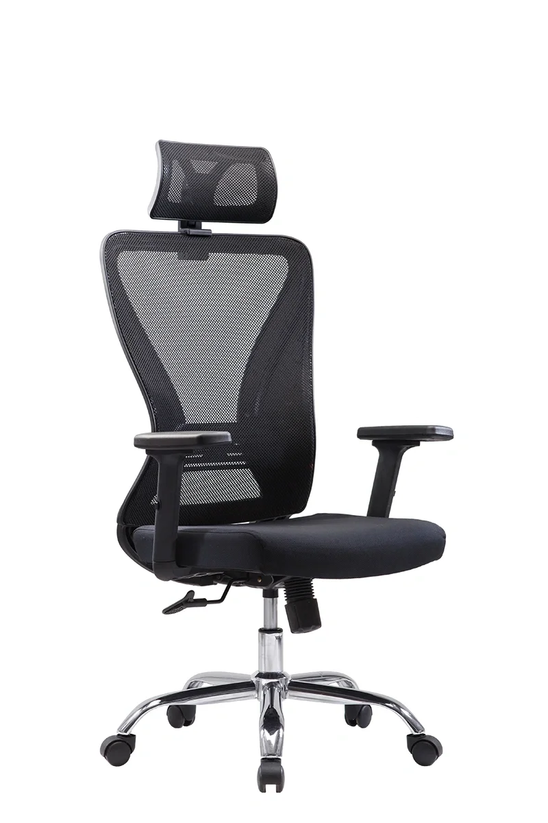 Black ergonomic office chair with a mesh backrest, adjustable armrests, and a chrome base with casters.