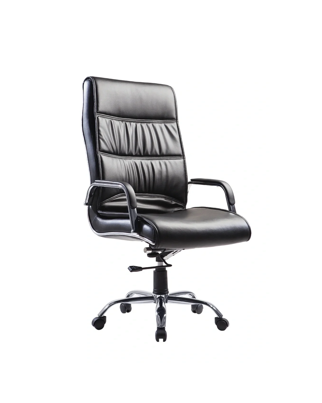 Black leather office chair with armrests and wheels, set against a white background.
