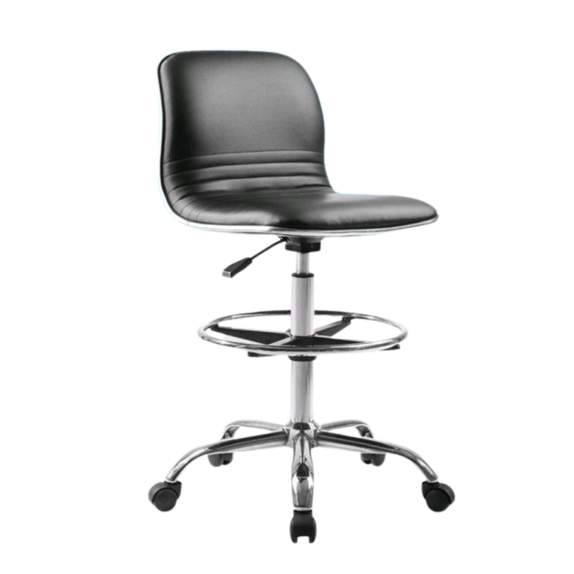 Black office chair with a cushioned seat and backrest on a metal base with wheels.