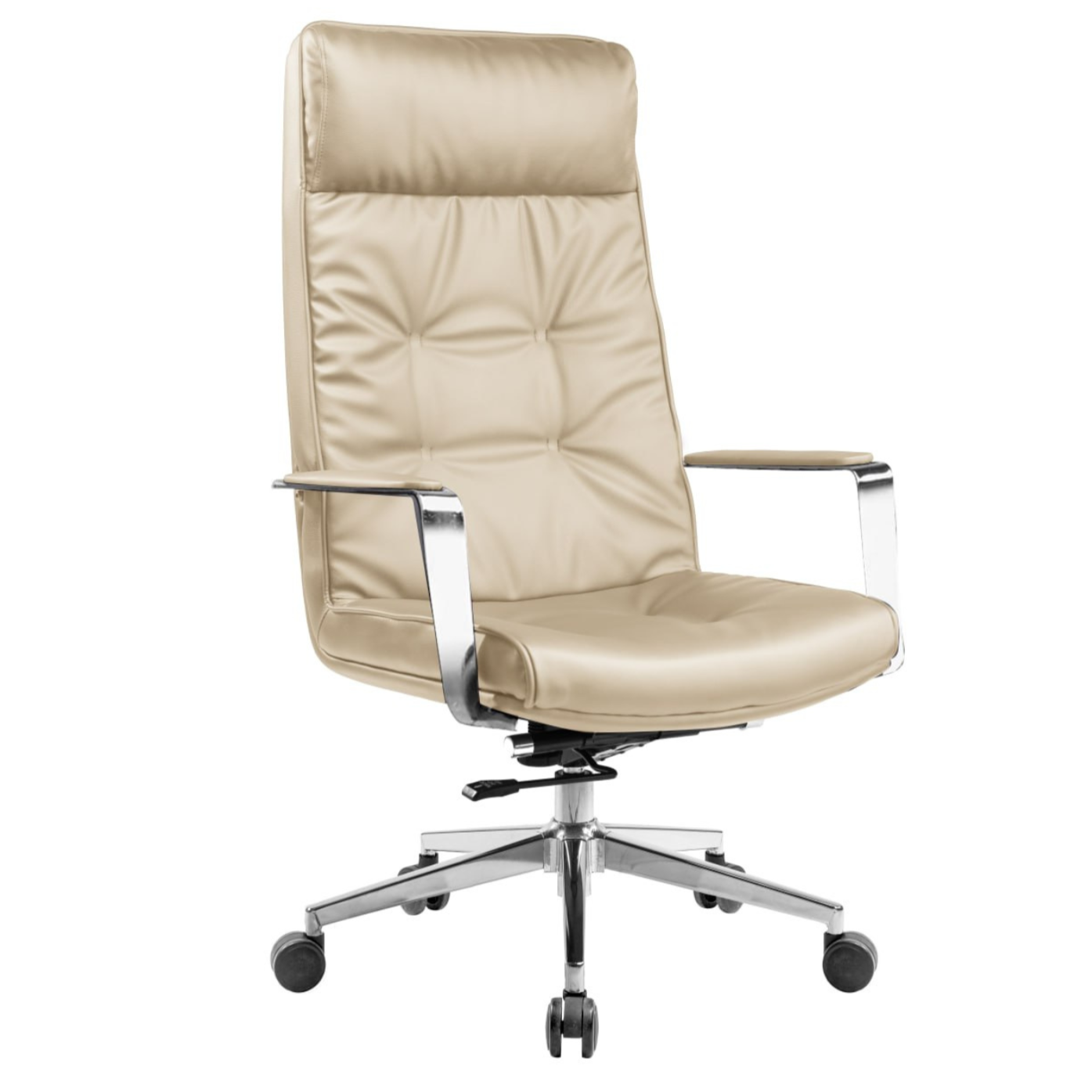 A beige leather office chair with padded high back, armrests, and a chrome base with wheels.