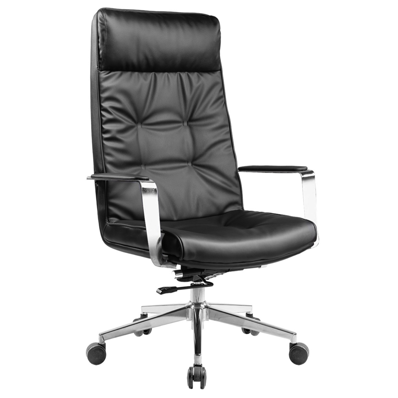 Black leather office chair with chrome armrests and base, on wheels.