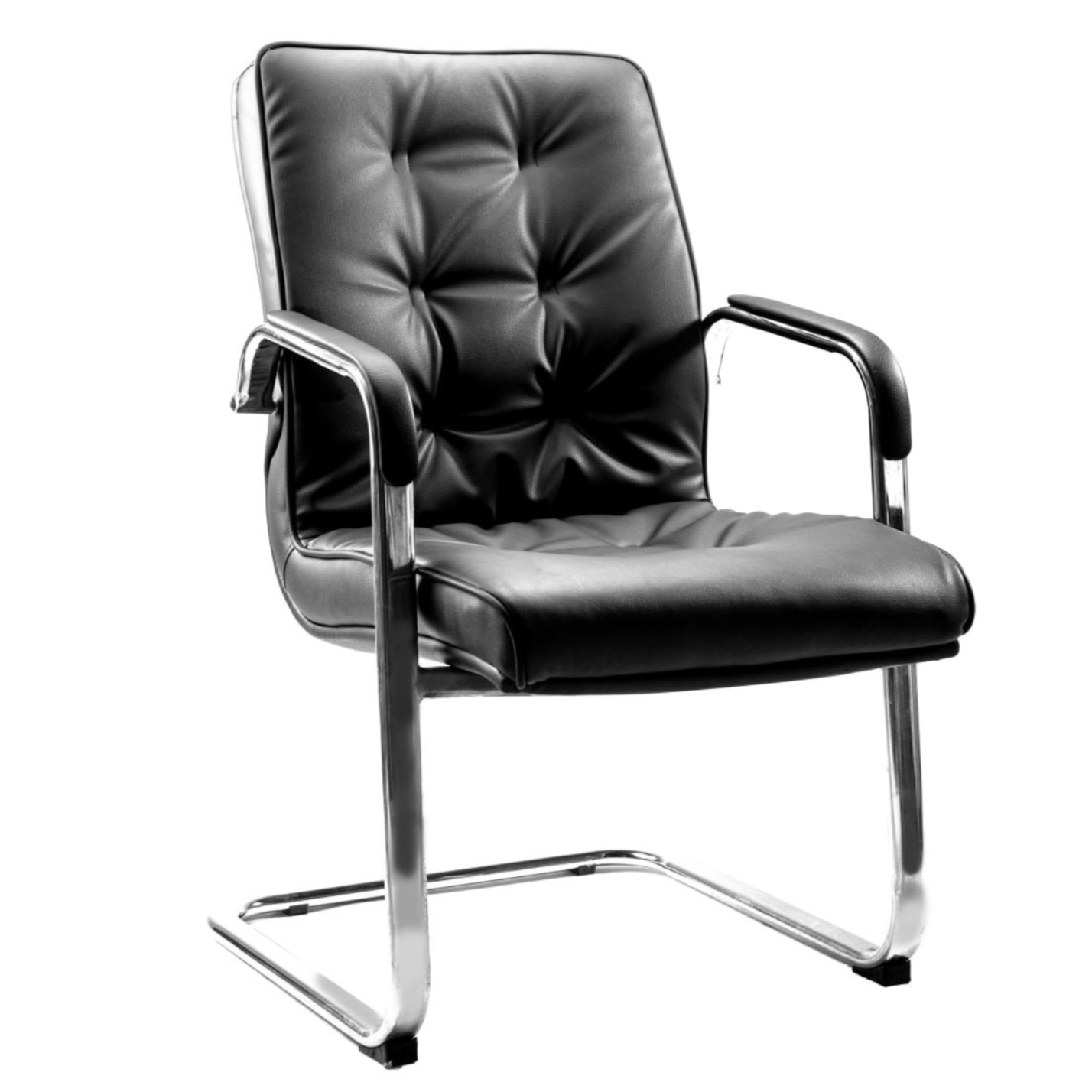 Black leather office chair with metal frame and padded armrests, isolated on white background.