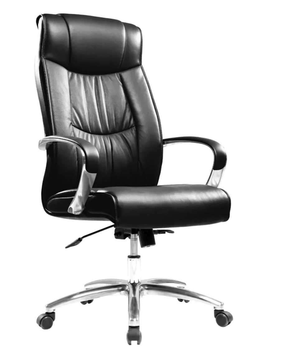 Black leather office chair with chrome armrests and base, on caster wheels, isolated on white background.